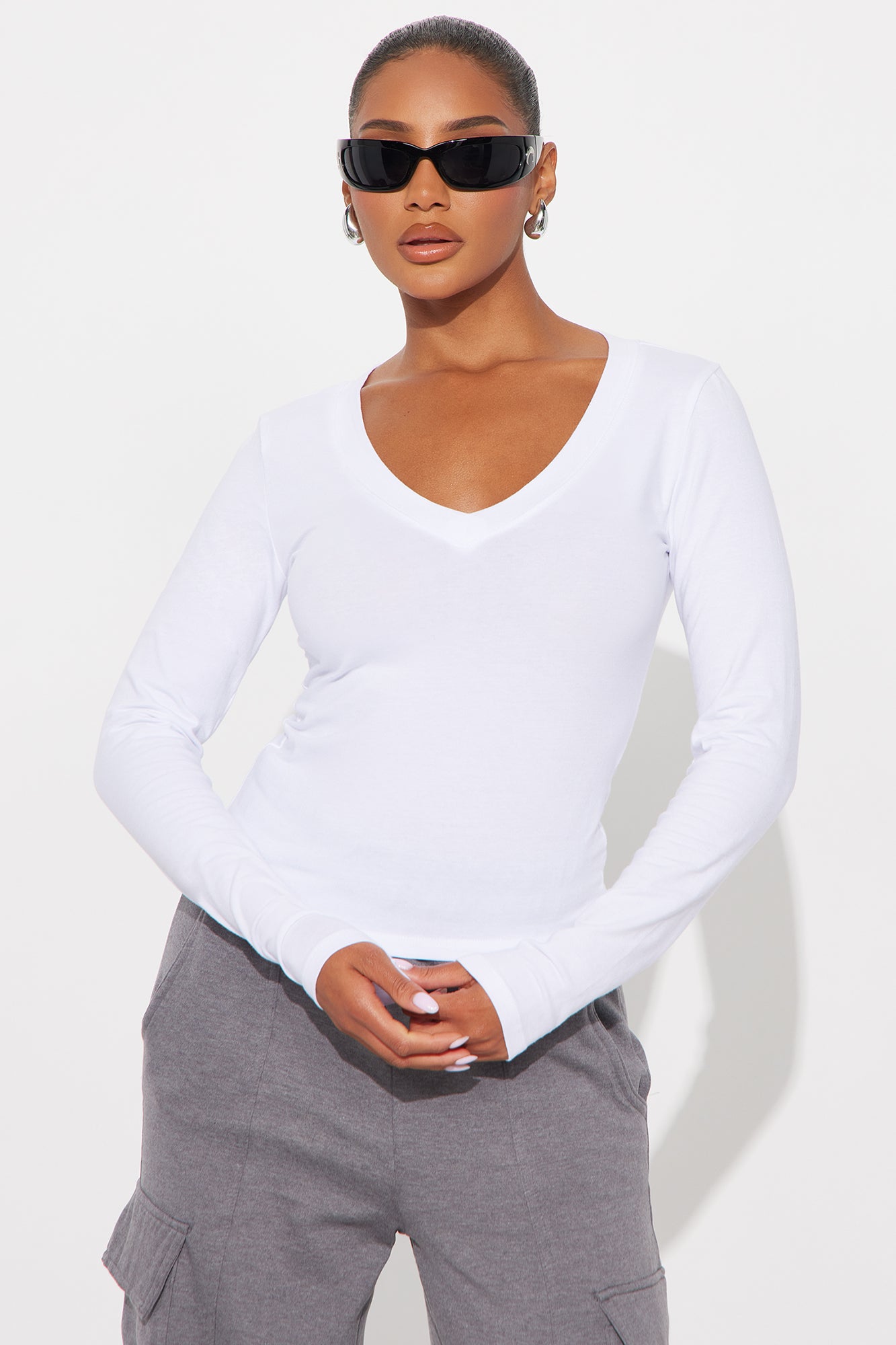 Jasmine V Neck Everyday Long Sleeve Top - White