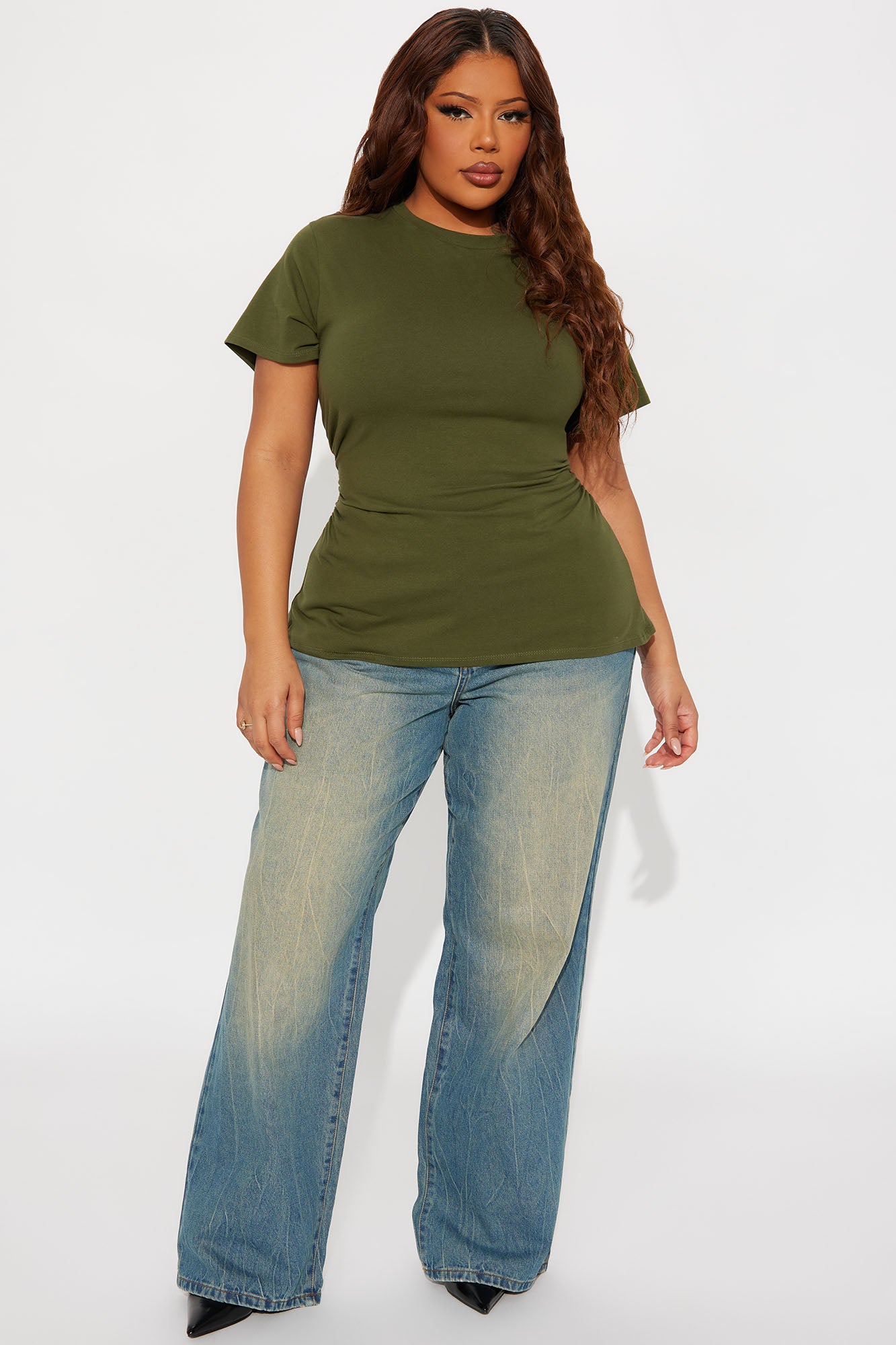 Simply Me Ruched Short Sleeve T-Shirt - Olive