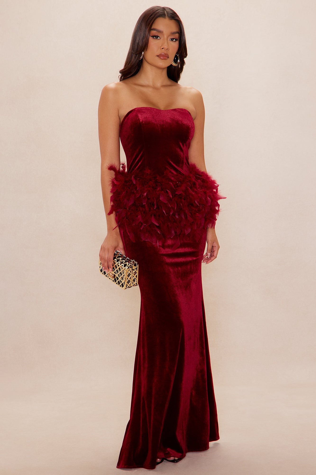 Have A Ball Feather Velvet Gown - Burgundy