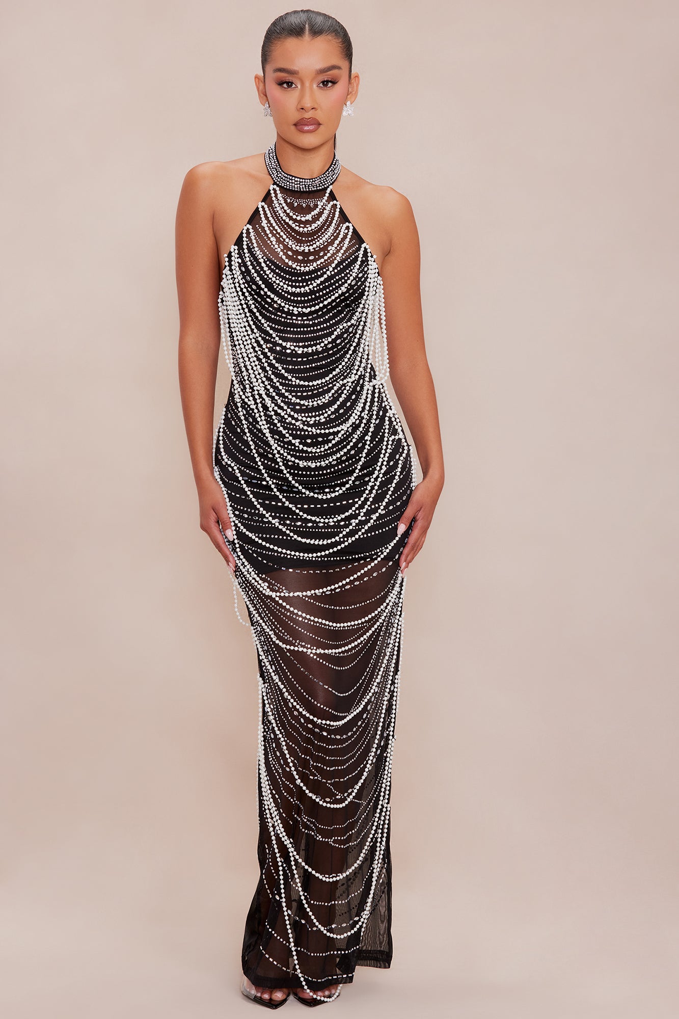 Chloe Embellished Pearl Maxi Dress - Black