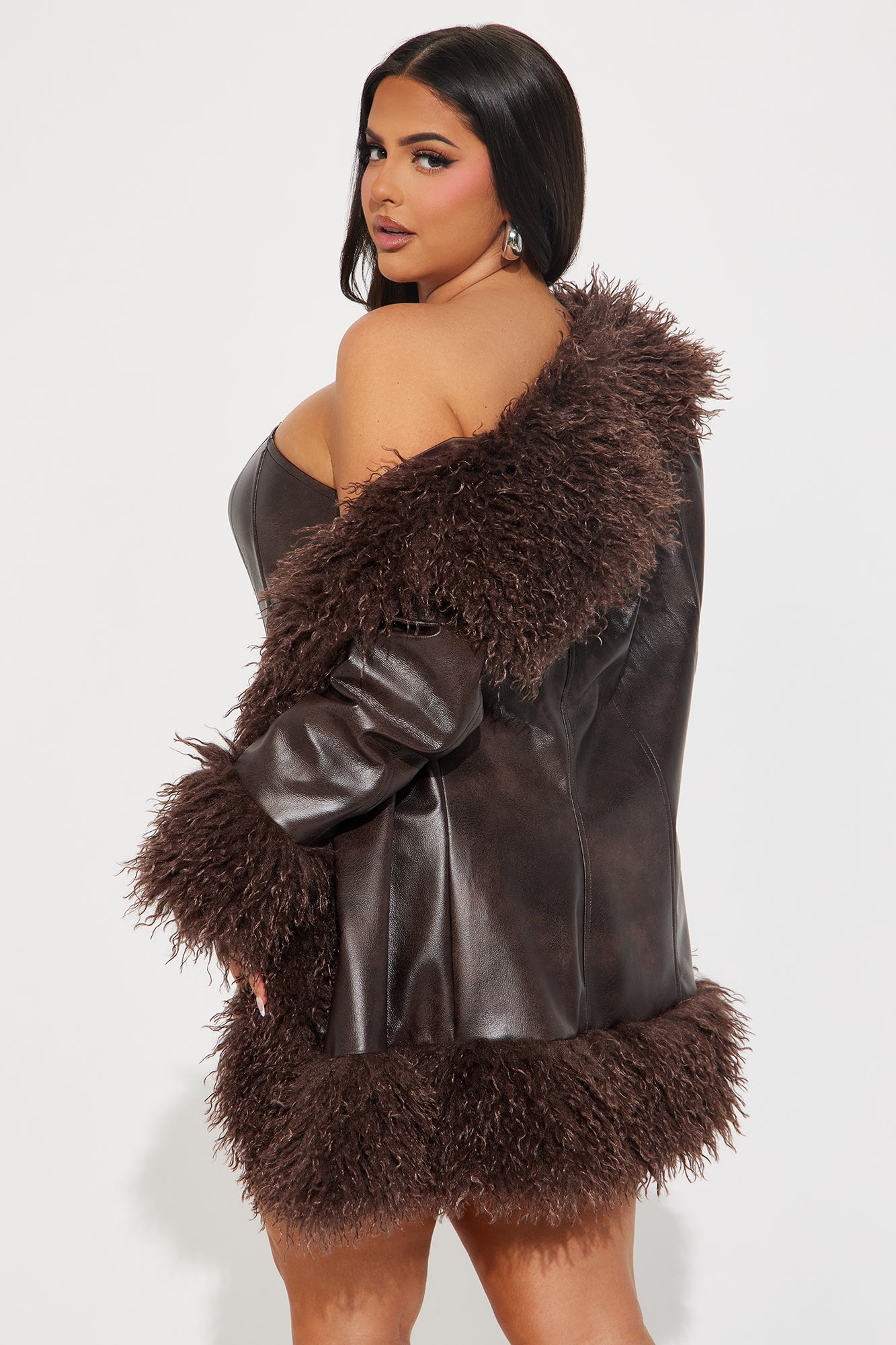 She's Fierce Fur Trim Faux Leather Romper Set - Brown