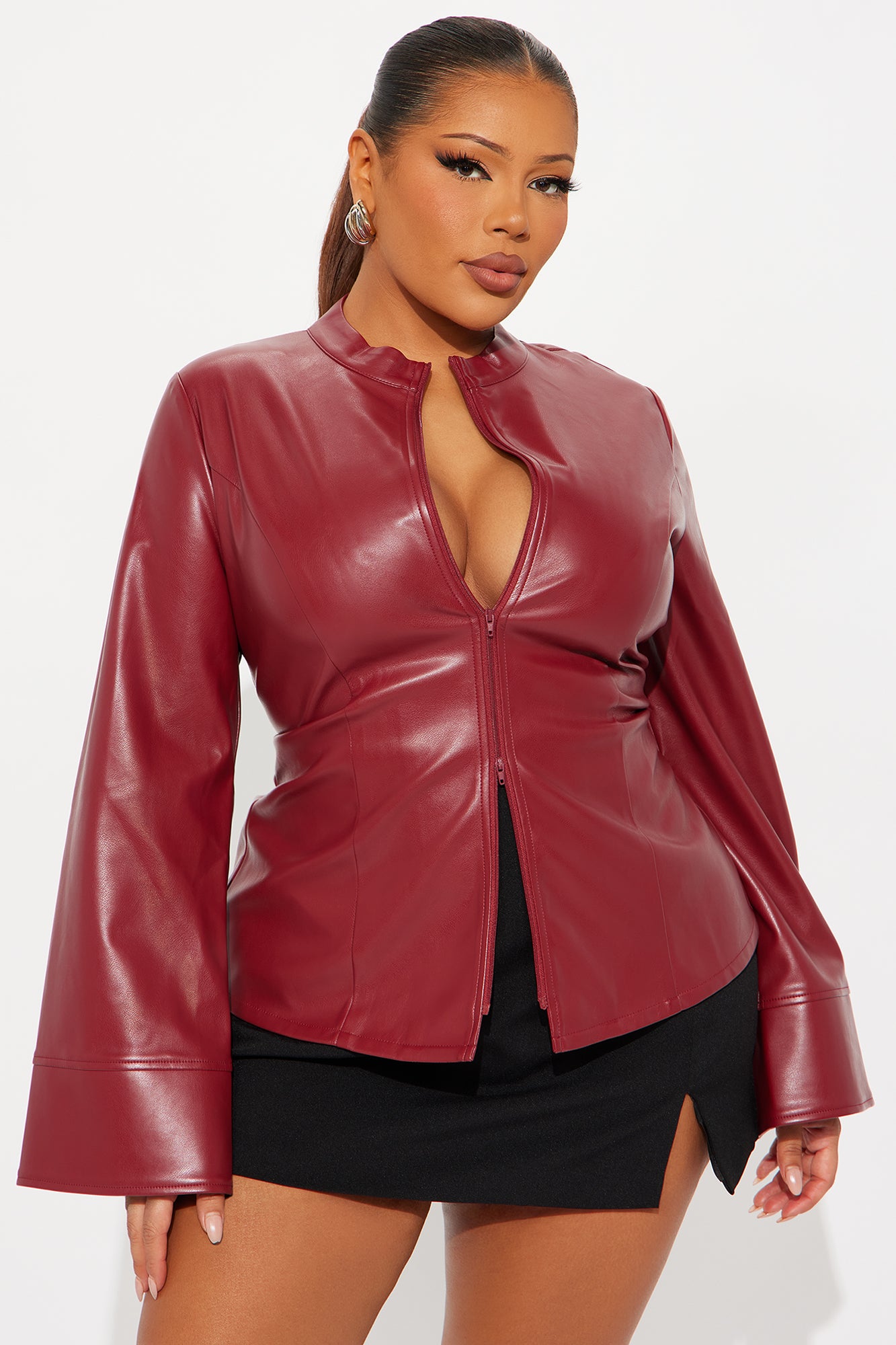 Kara Faux Leather Zip Up Shirt - Burgundy