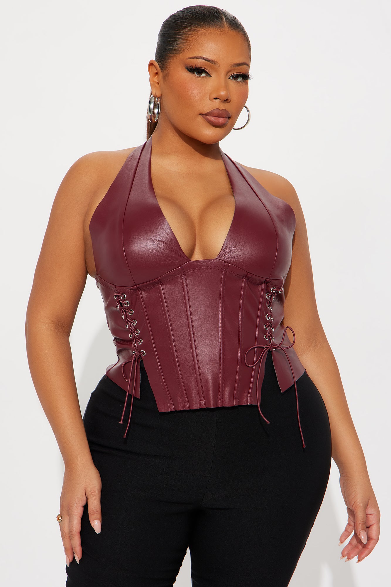 The Baddest Faux Leather Corset Top - Burgundy