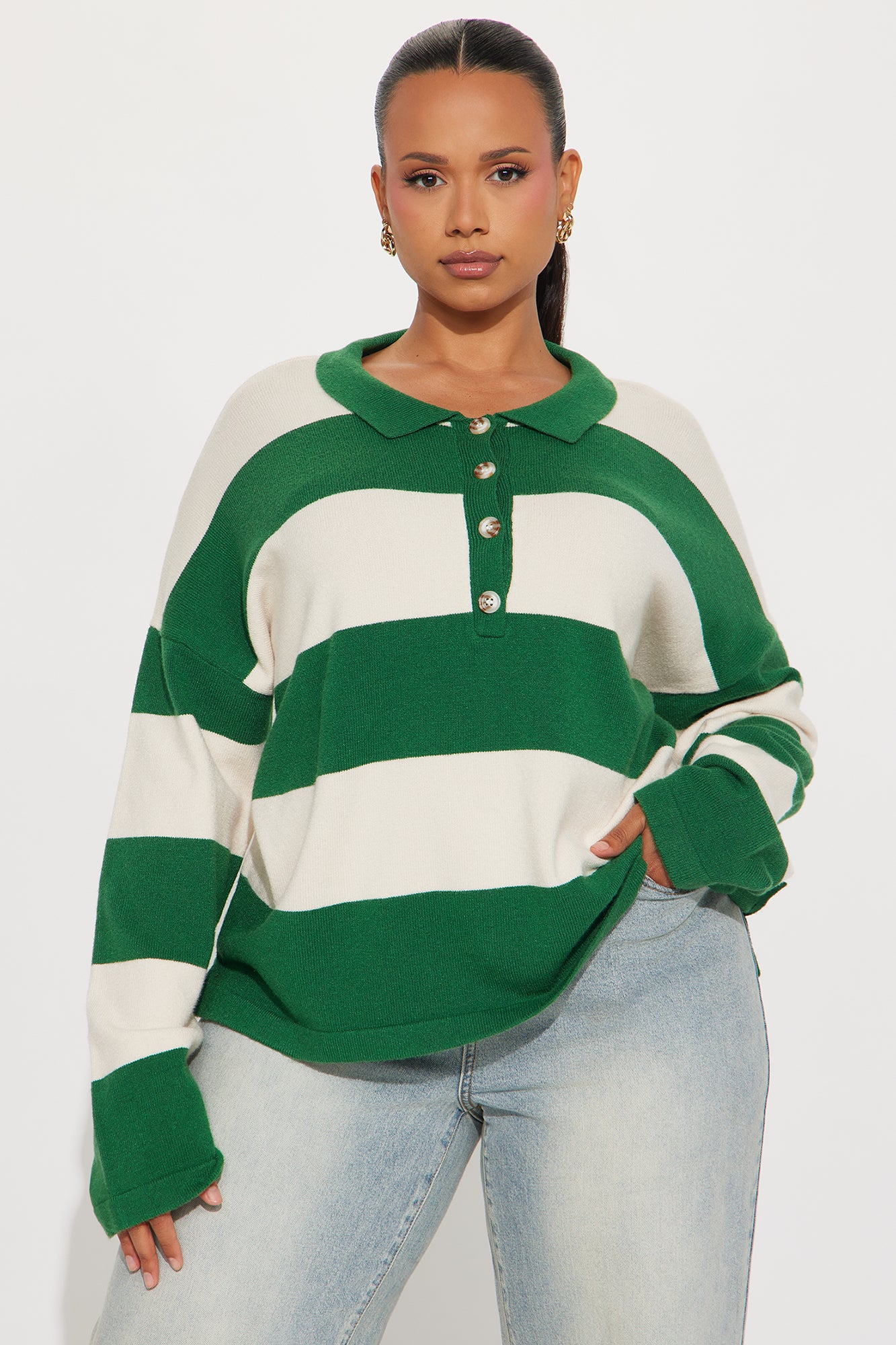 Go Getter Striped Polo Sweater - Green/combo
