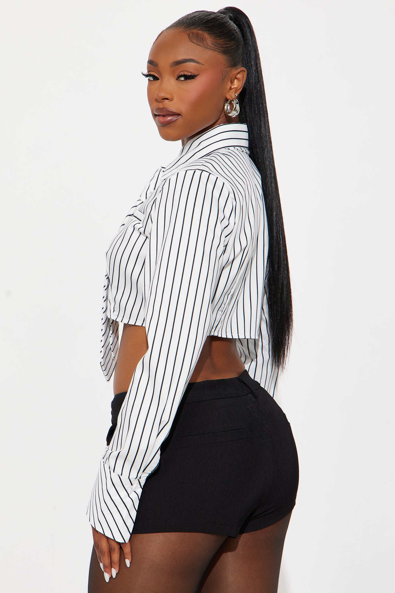 Real Woman Striped Poplin Tie Shirt - White/Black
