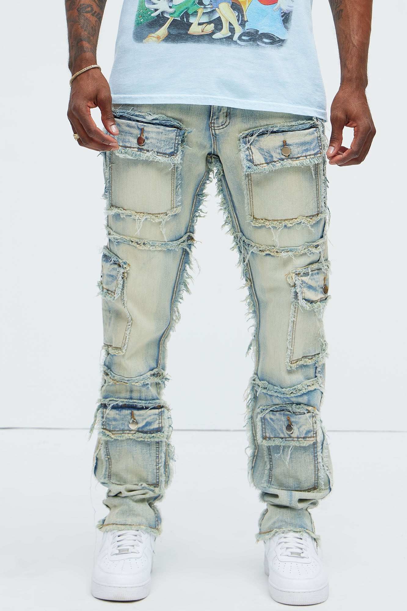 One Way Cargo Frayed Straight Jeans - Medium Wash
