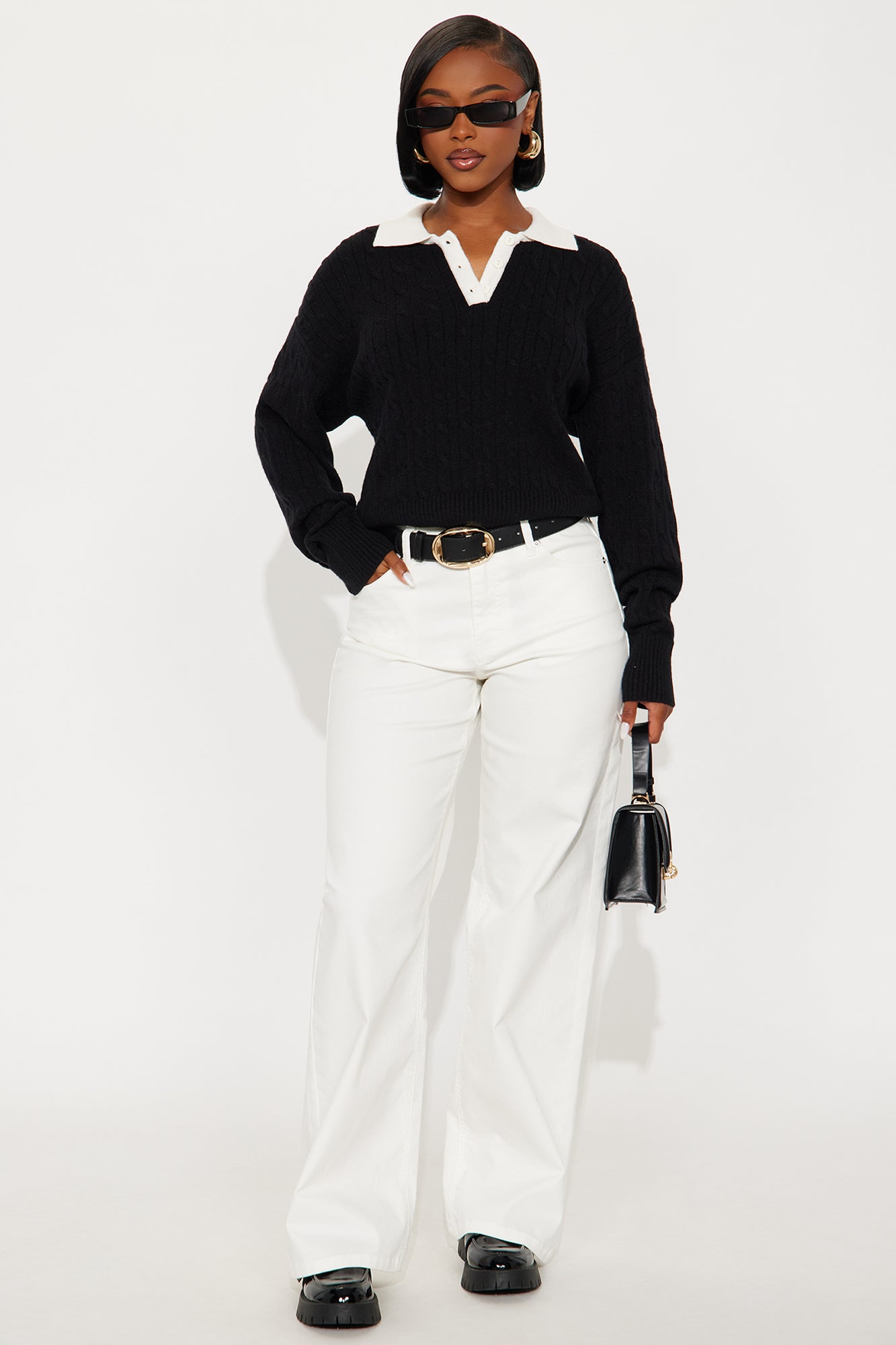 Layla Cable Knit Pullover Polo Sweater - Black/combo