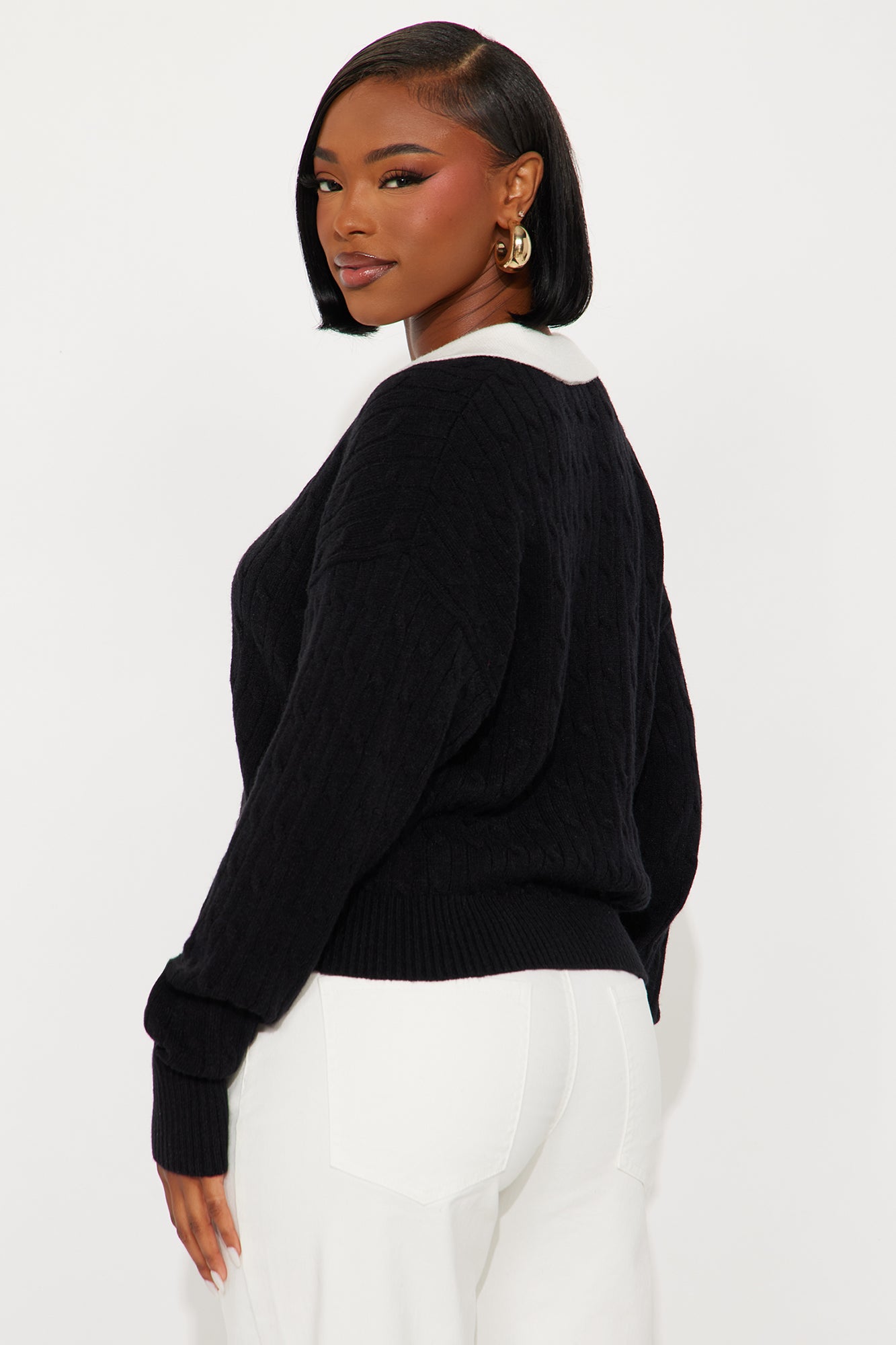 Layla Cable Knit Pullover Polo Sweater - Black/combo