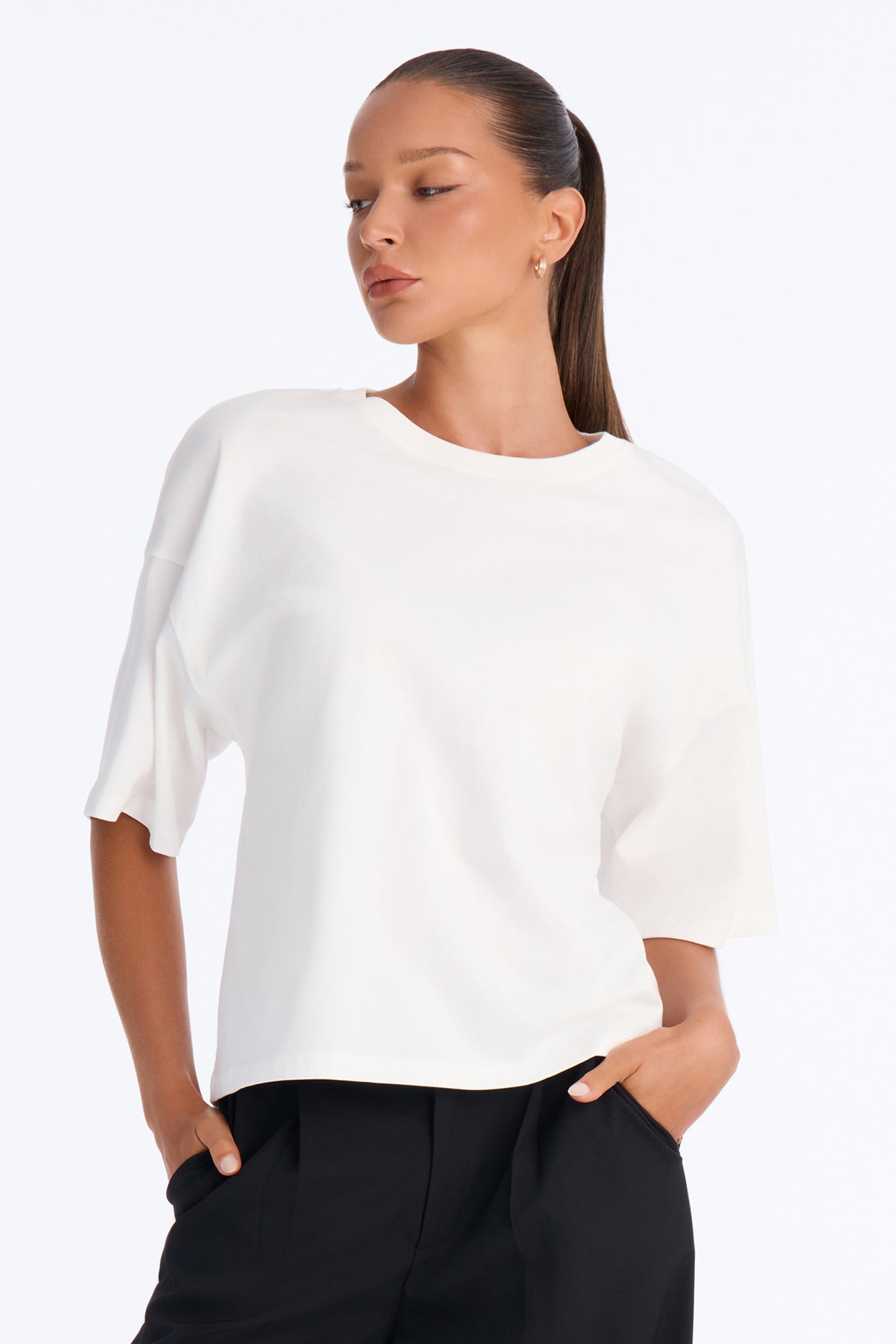 100% Premium Cotton Tie Back Cinched Waist Tee - White