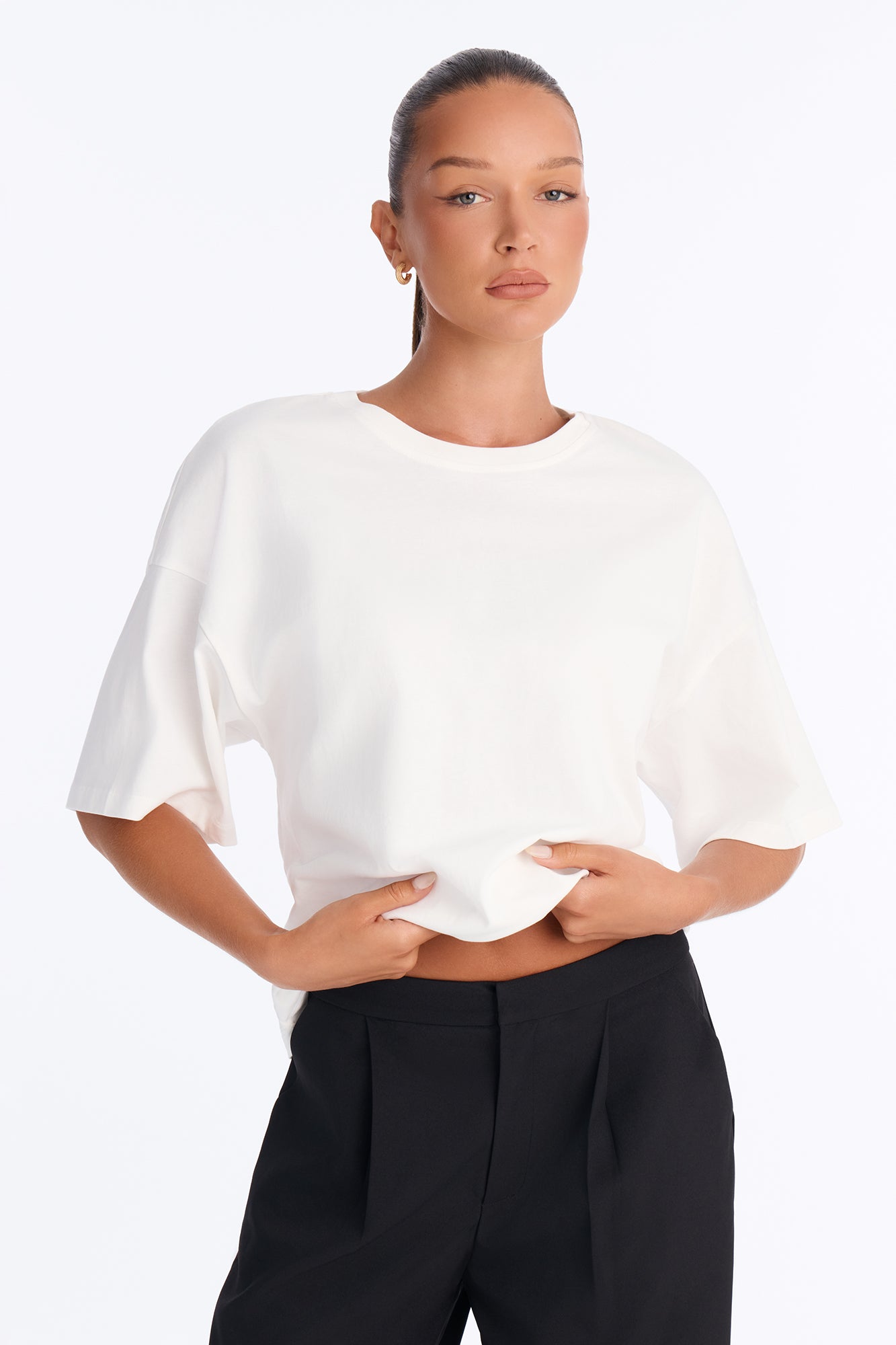 100% Premium Cotton Tie Back Cinched Waist Tee - White
