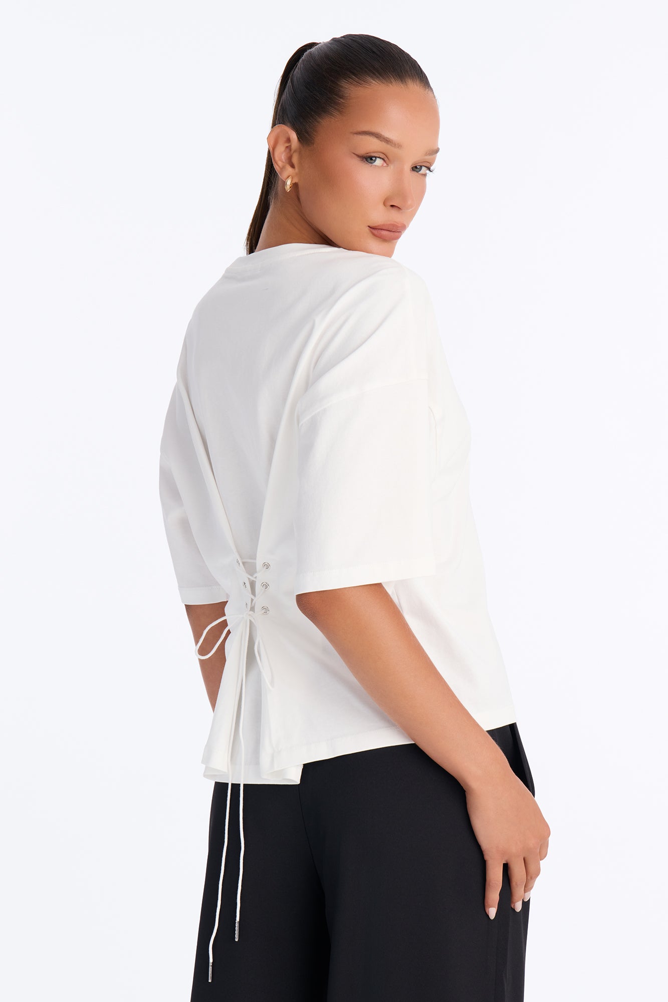 100% Premium Cotton Tie Back Cinched Waist Tee - White