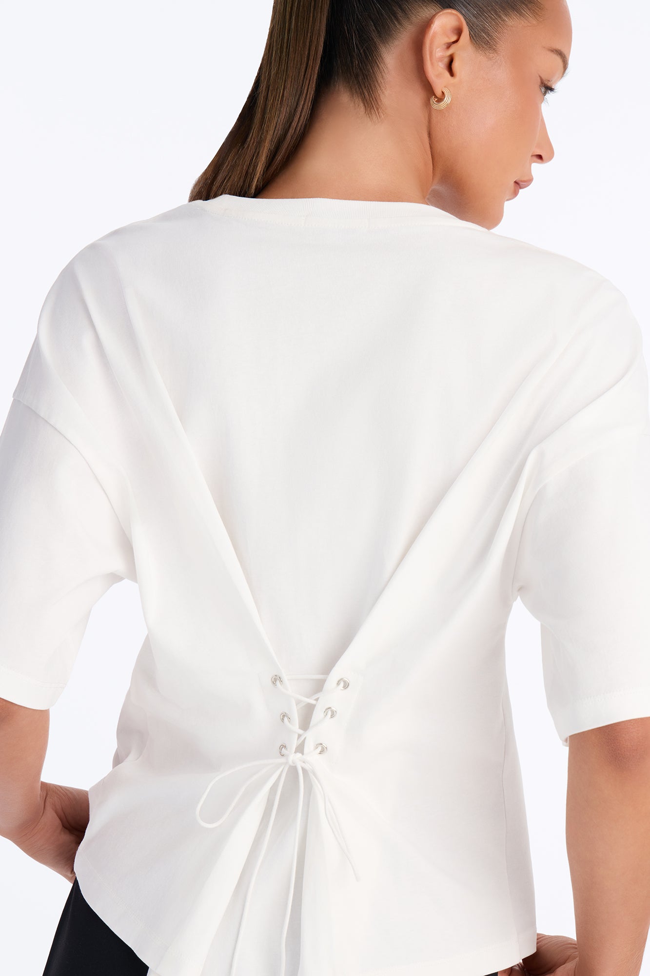 100% Premium Cotton Tie Back Cinched Waist Tee - White