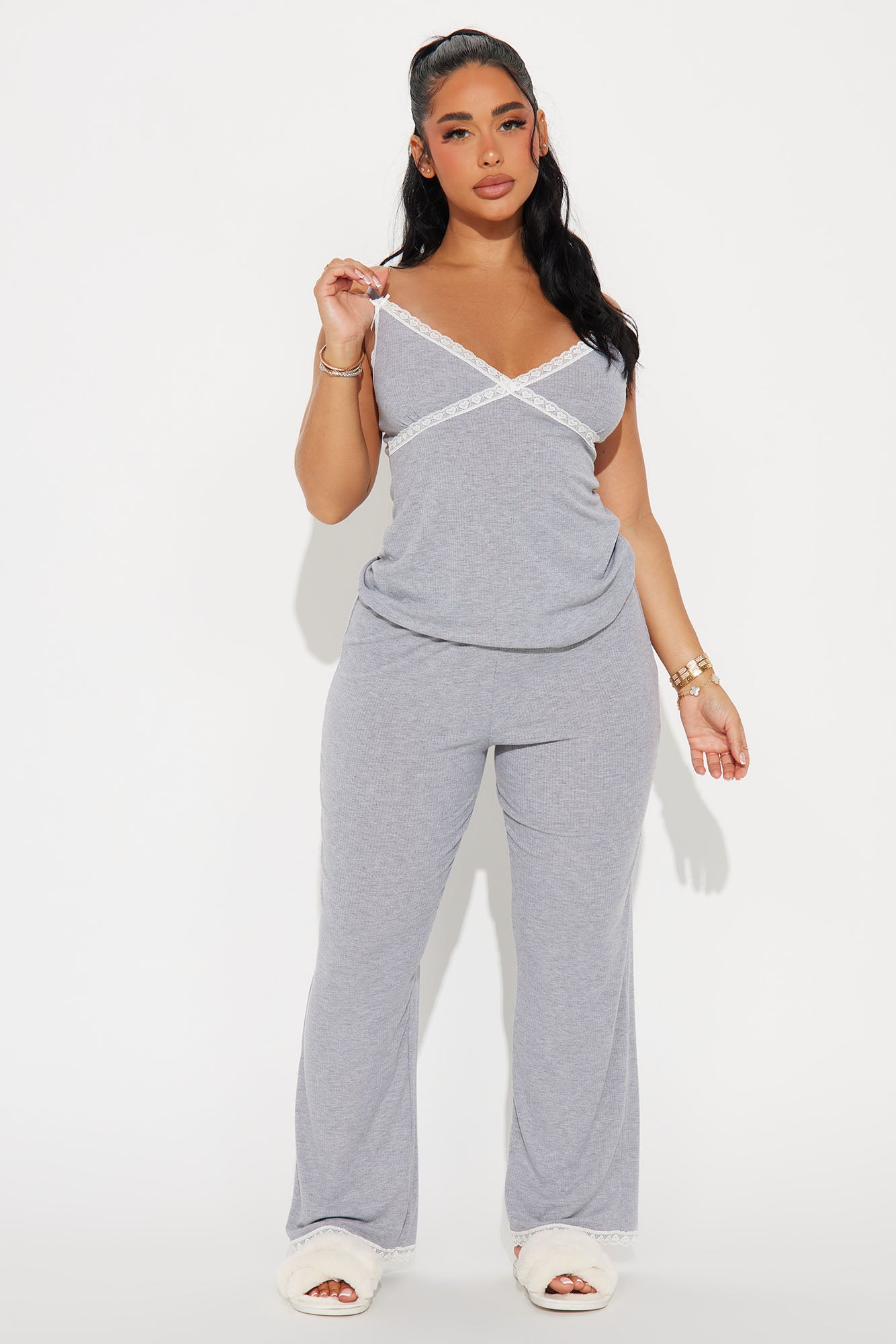 In Your Dreams Ribbed PJ Pant Set - Heather Grey