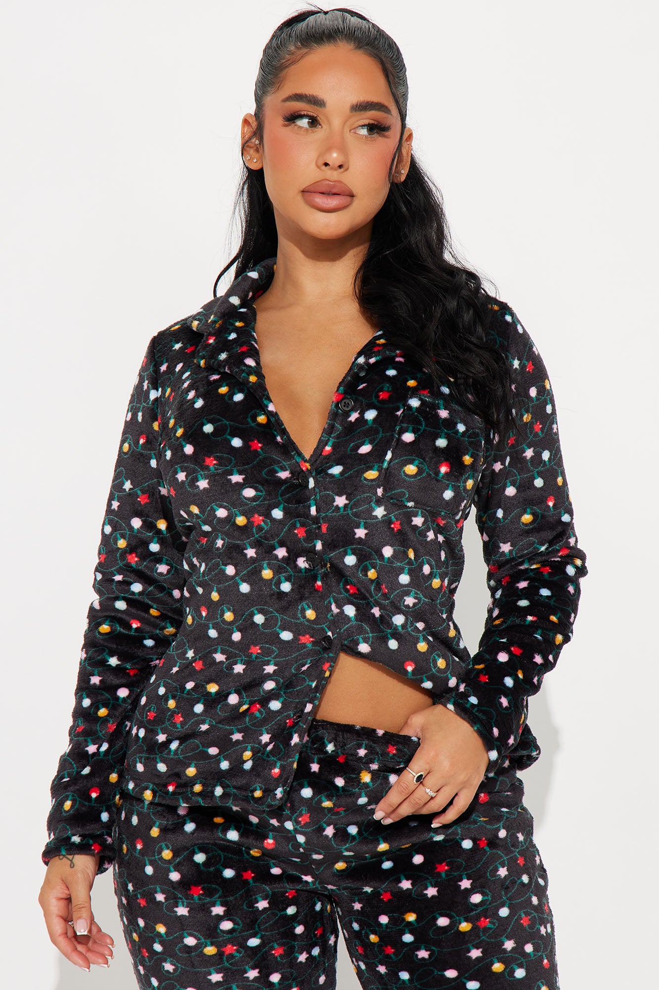Christmas Lights Plush PJ Pant Set - Black/combo