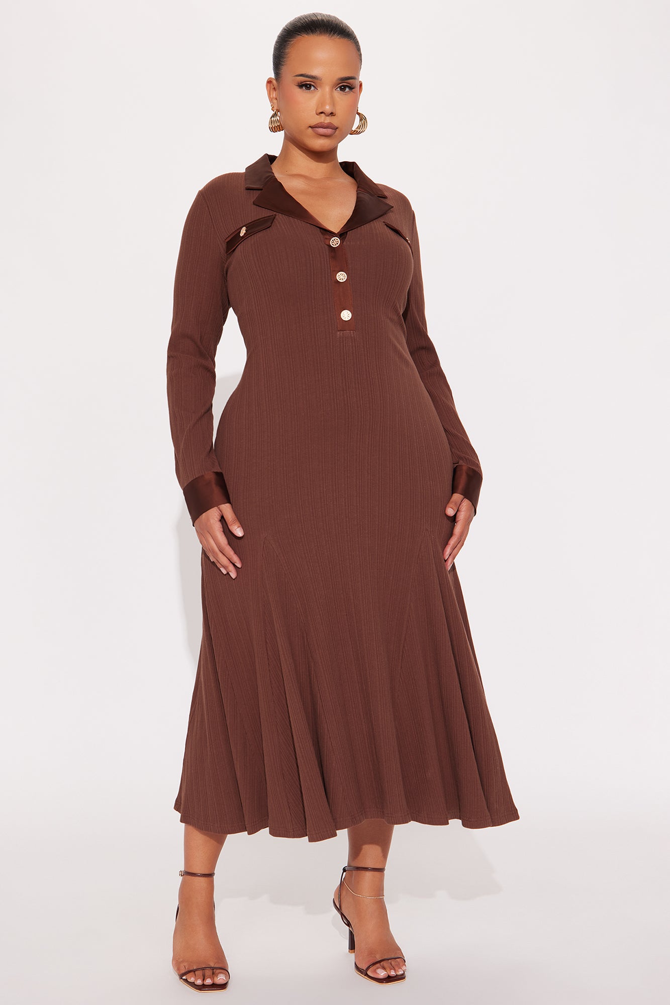 Marisol Ribbed Midi Dress - Brown