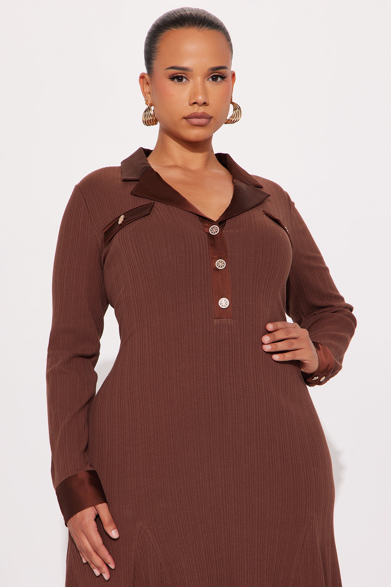 Marisol Ribbed Midi Dress - Brown