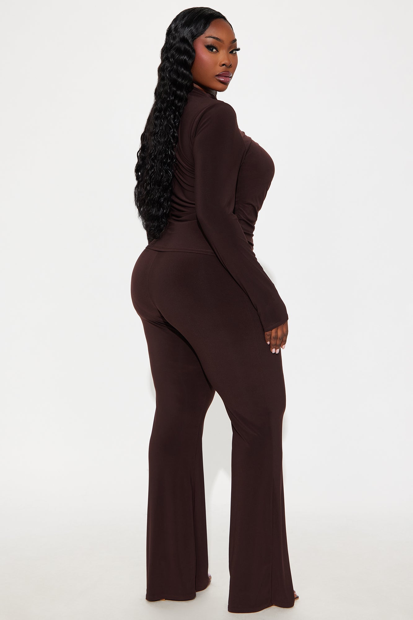 Natalie Ruched Mock Neck Pant Set - Chocolate