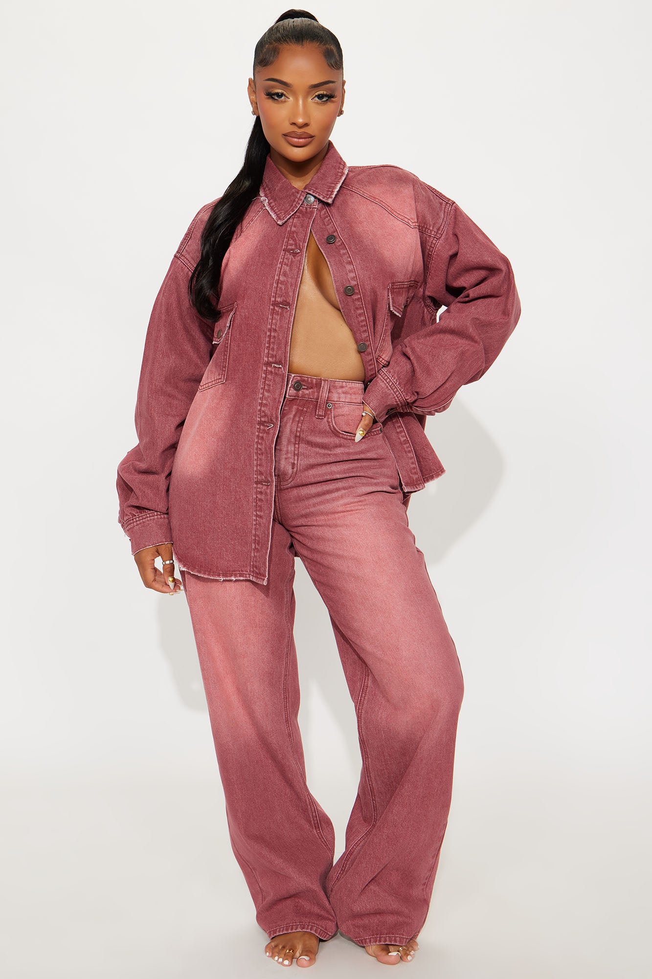 Slow Fade Denim Shacket - Burgundy