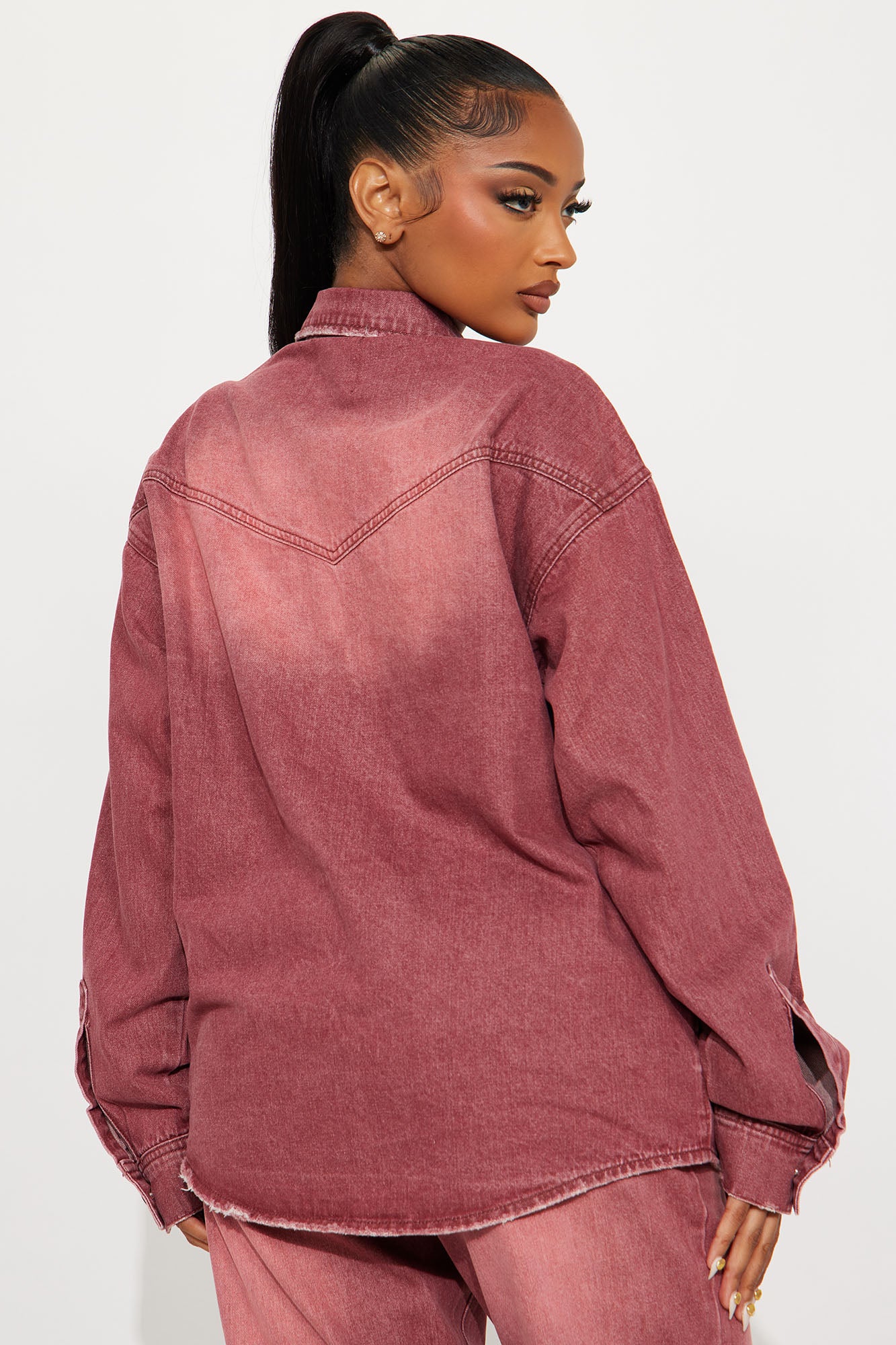 Slow Fade Denim Shacket - Burgundy