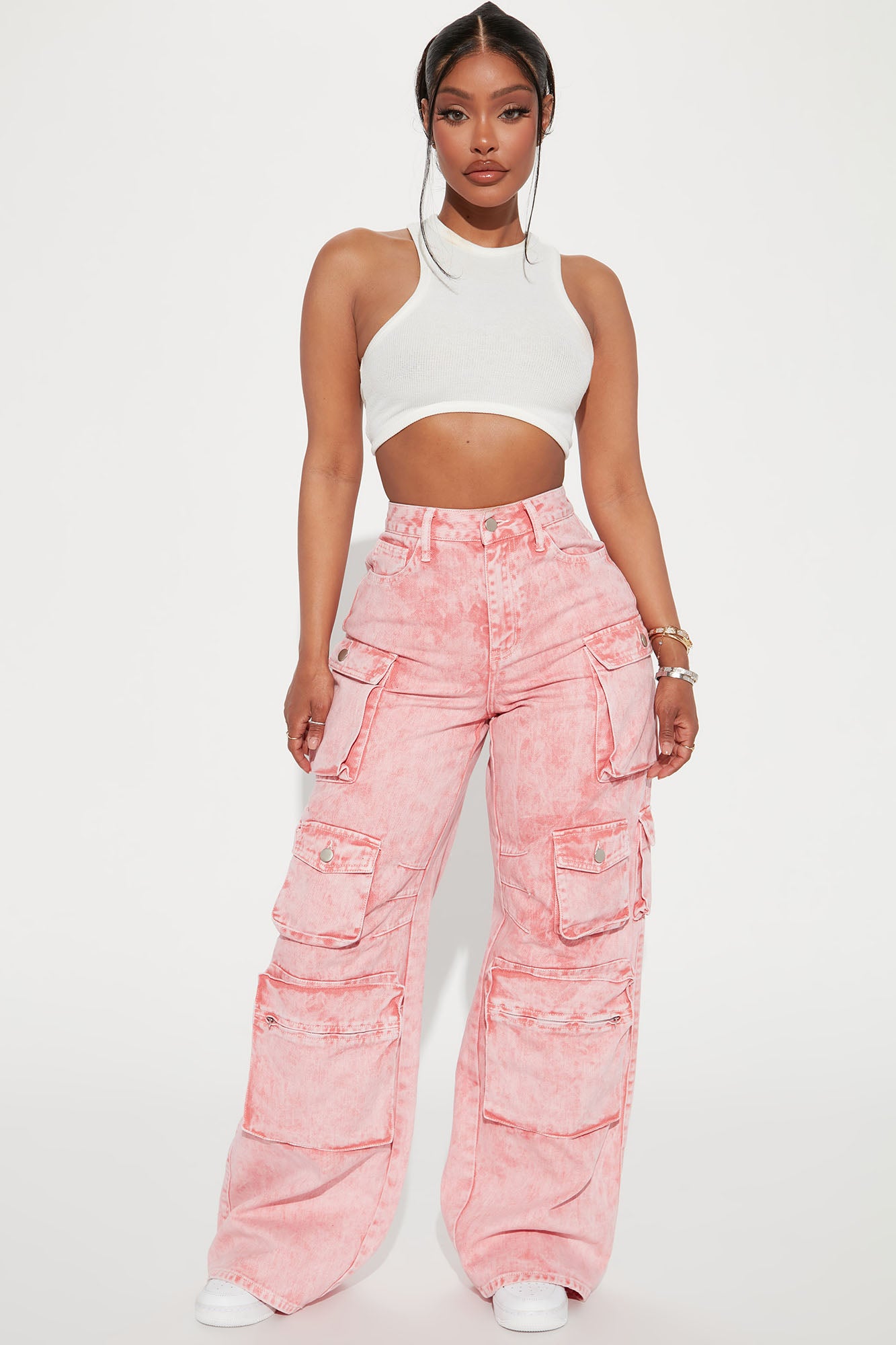 Lily High Rise Cargo Jeans - Pink