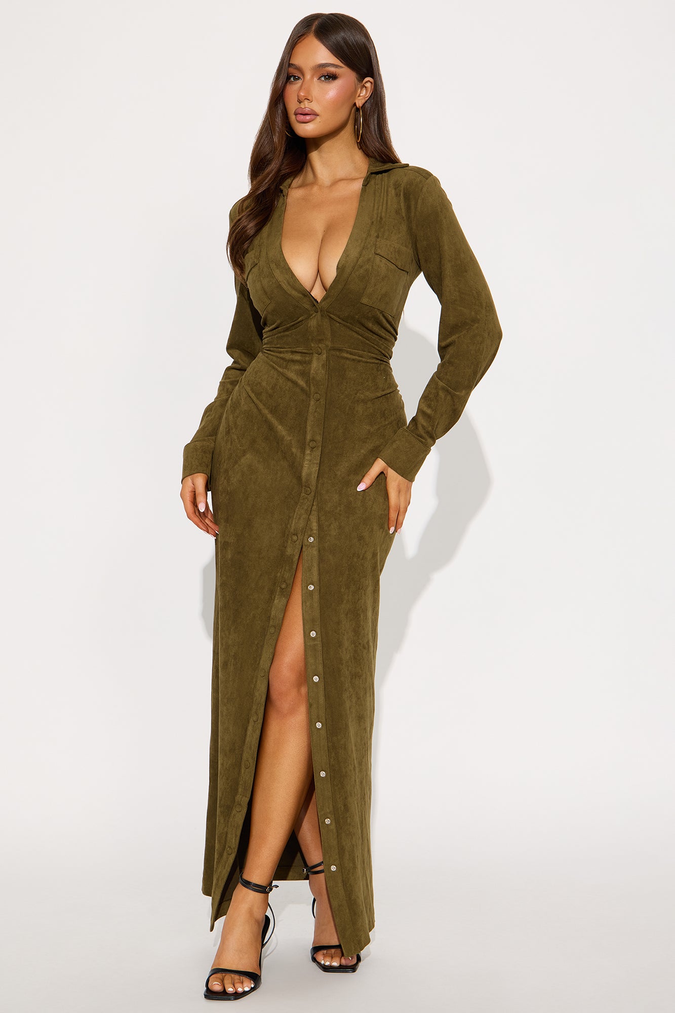 Noelle Suede Maxi Shirt Dress - Olive