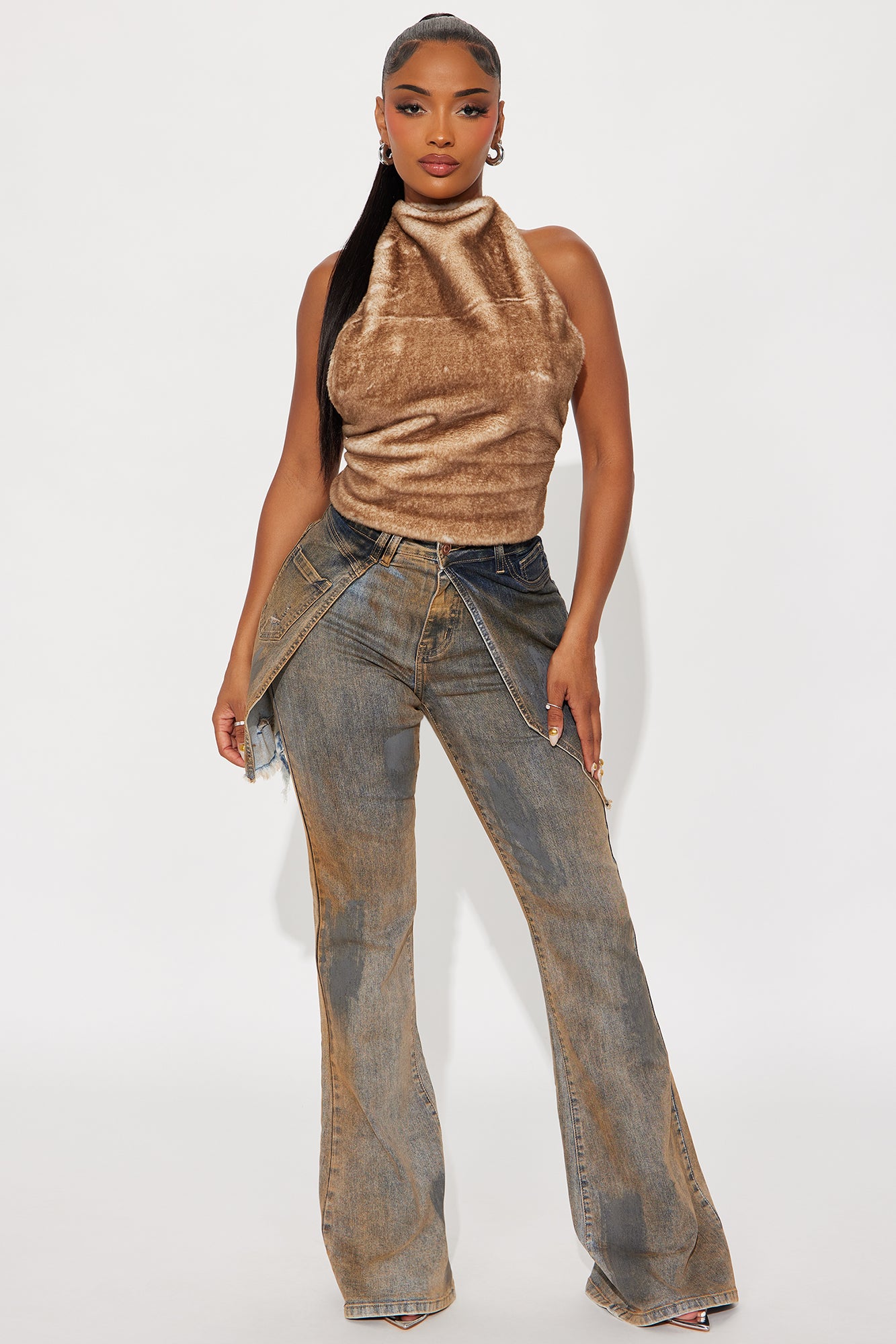 Fluff Mode Faux Fur Halter Top - Brown