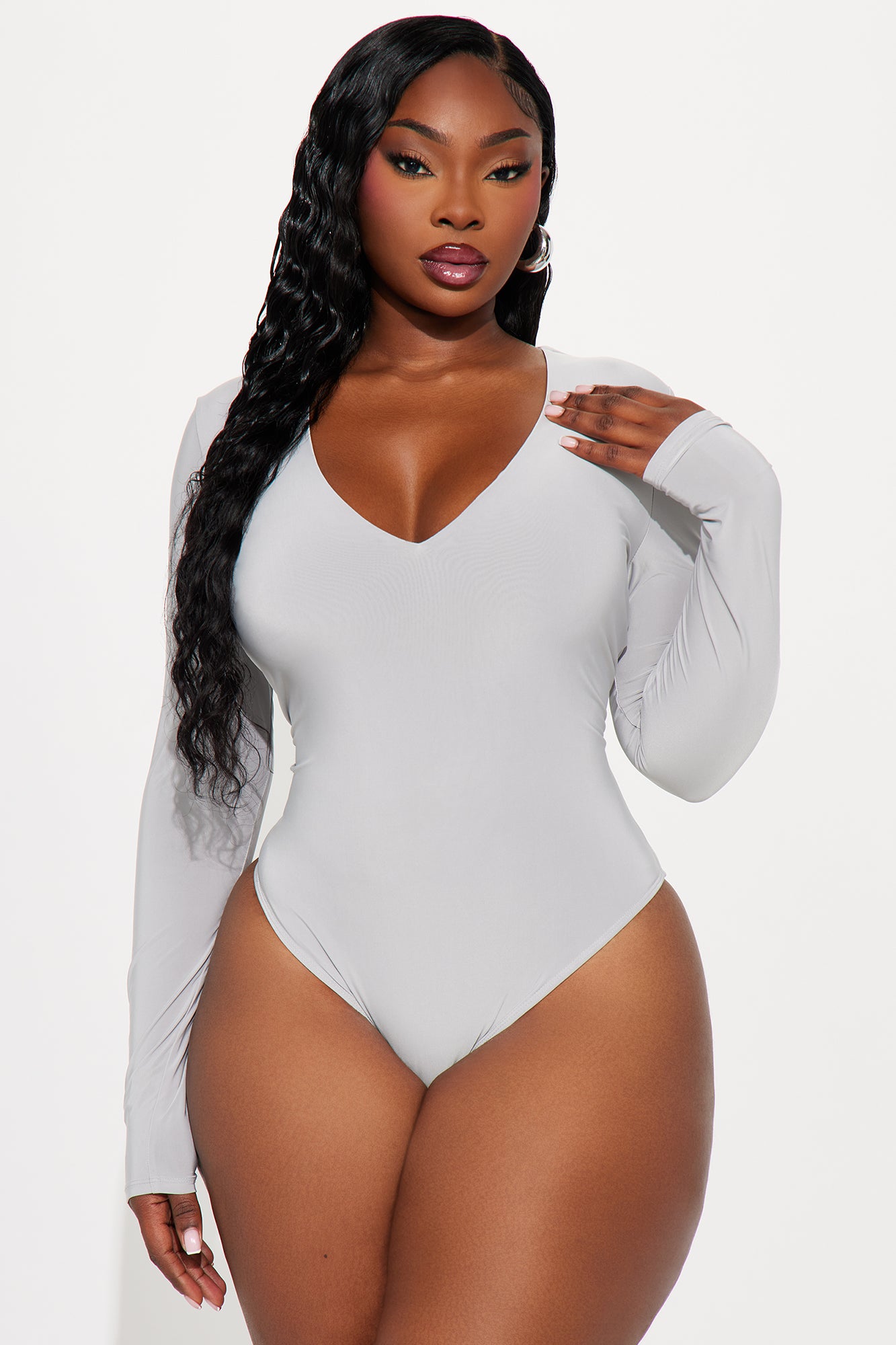 Take The Plunge Lined Long Sleeve Bodysuit - Grey