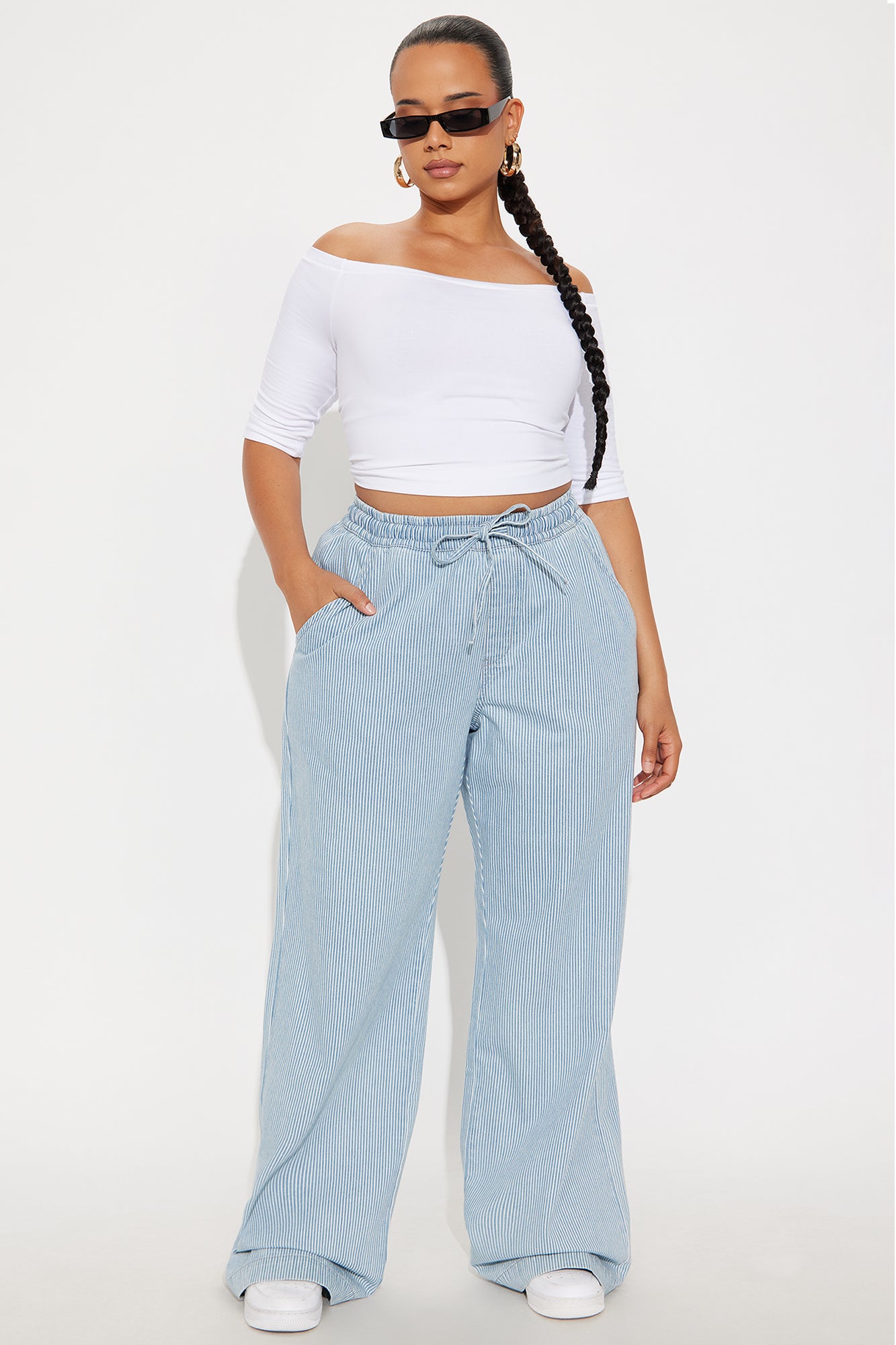 Tall Seawalk Striped Pull On Wide Leg Jeans - Light Blue