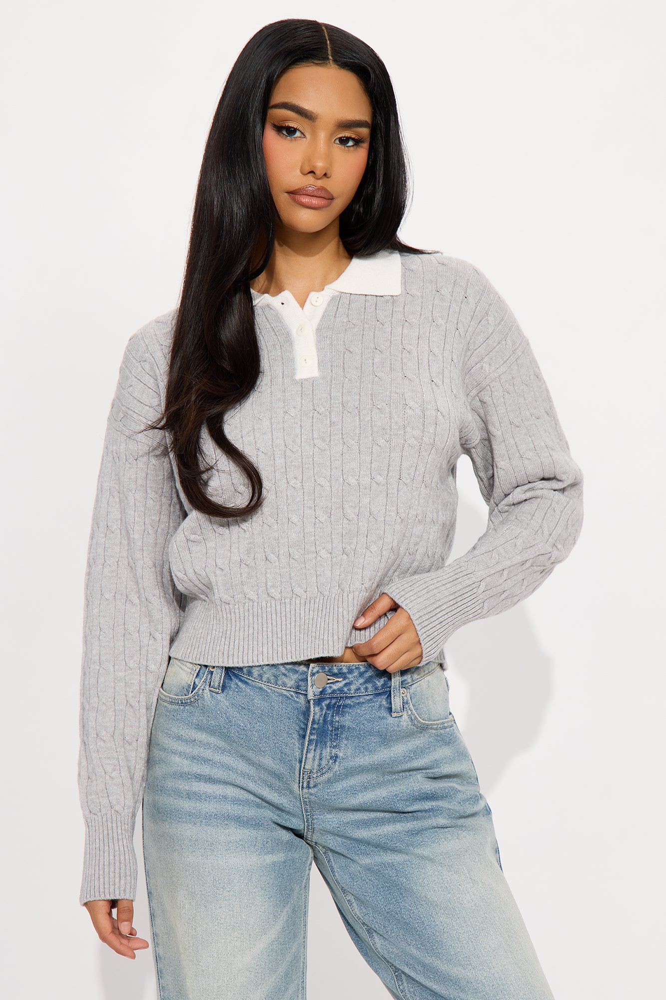 Layla Cable Knit Pullover Polo Sweater - Grey/combo