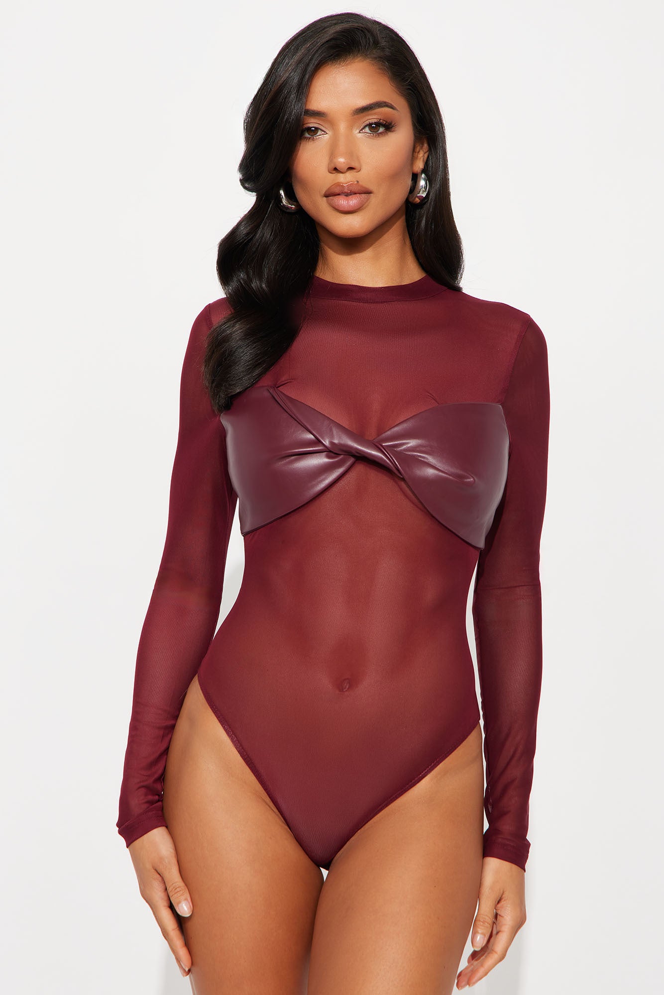Best Of Luck Long Sleeve Twist Mesh Bodysuit - Burgundy