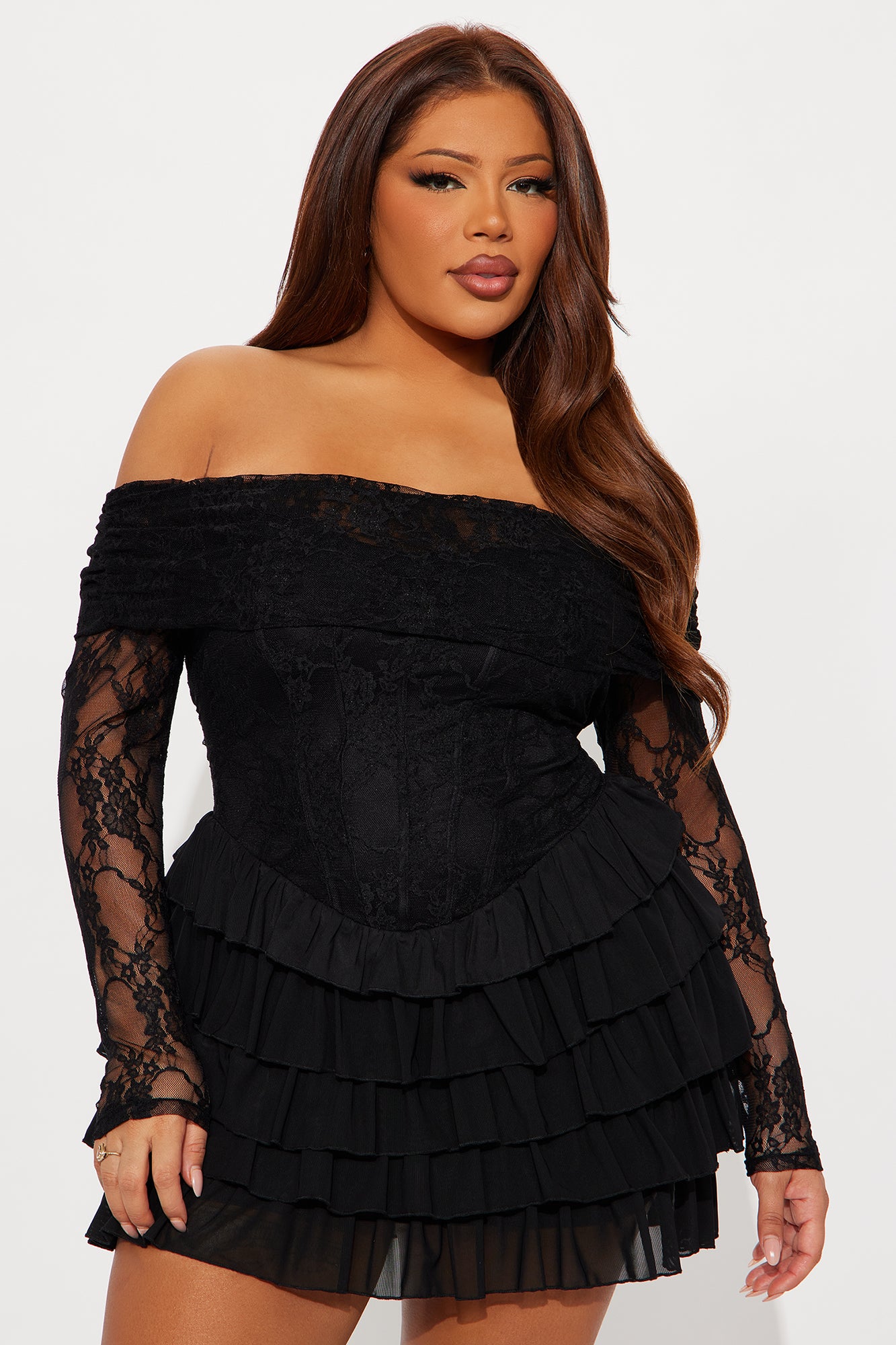 Elsie Ruffle Lace Mini Dress - Black