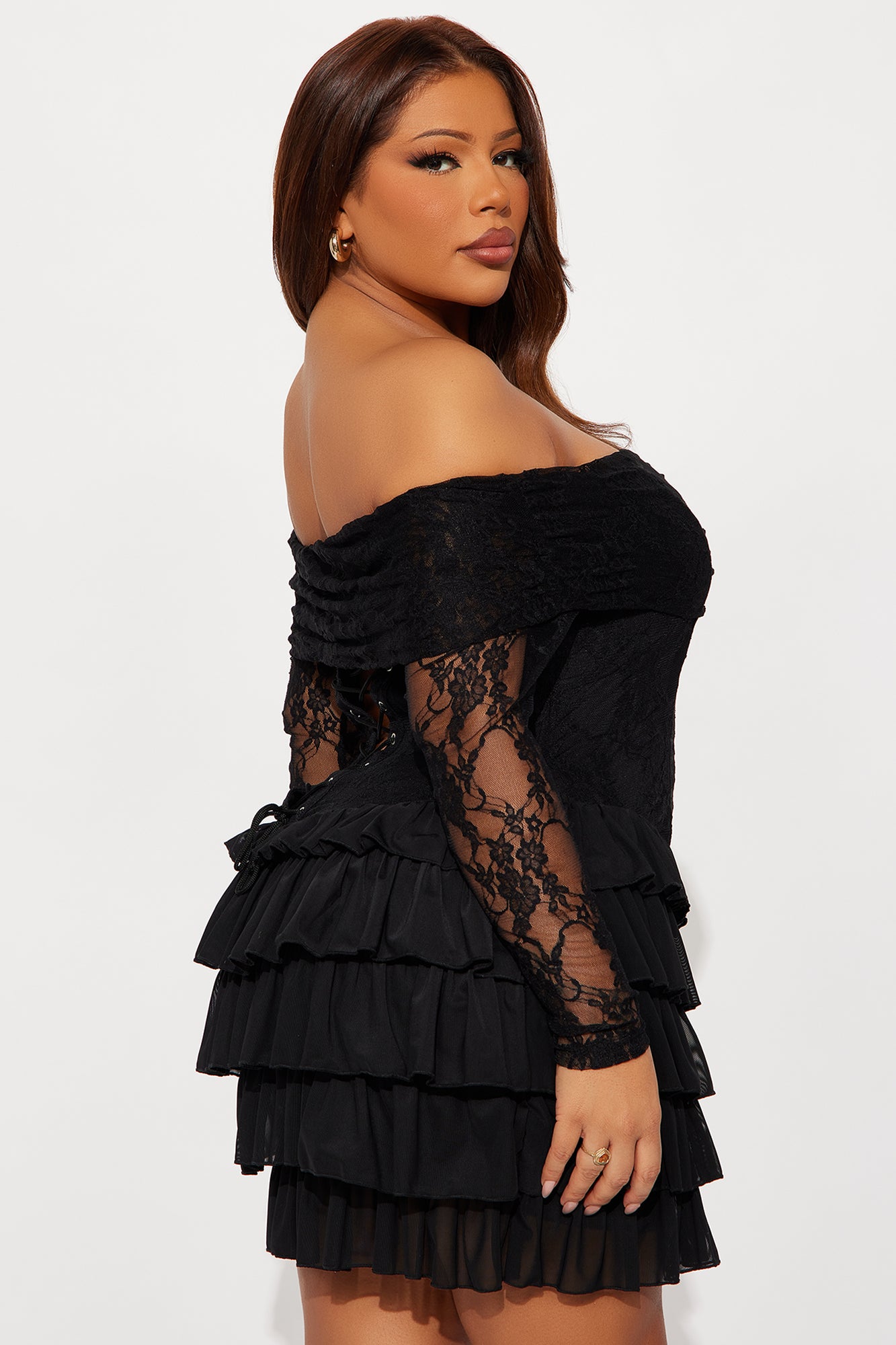 Elsie Ruffle Lace Mini Dress - Black