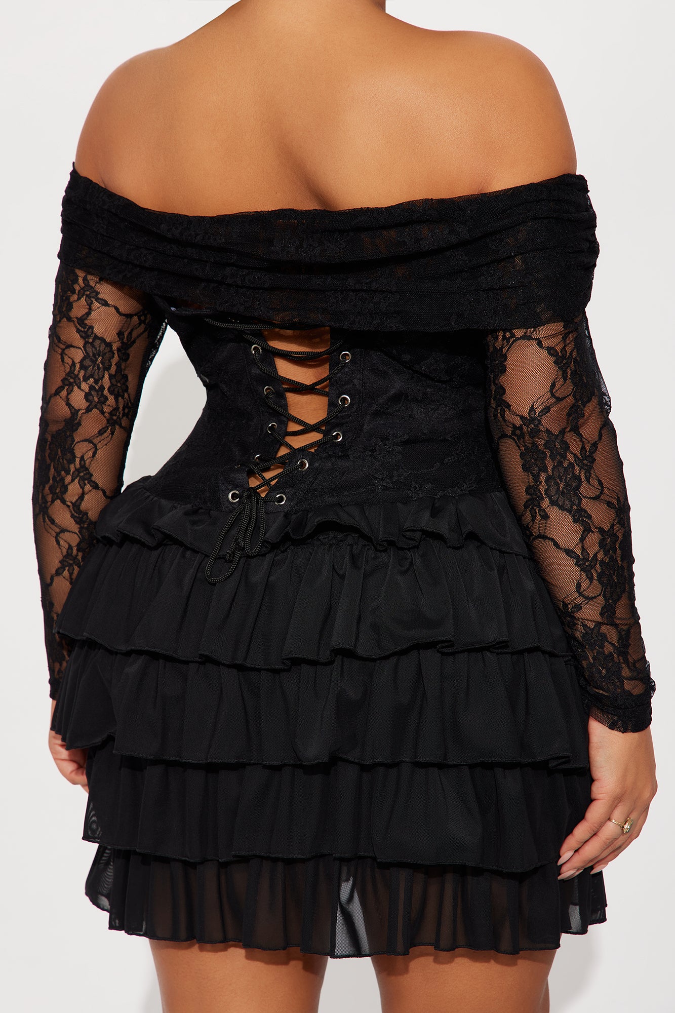 Elsie Ruffle Lace Mini Dress - Black