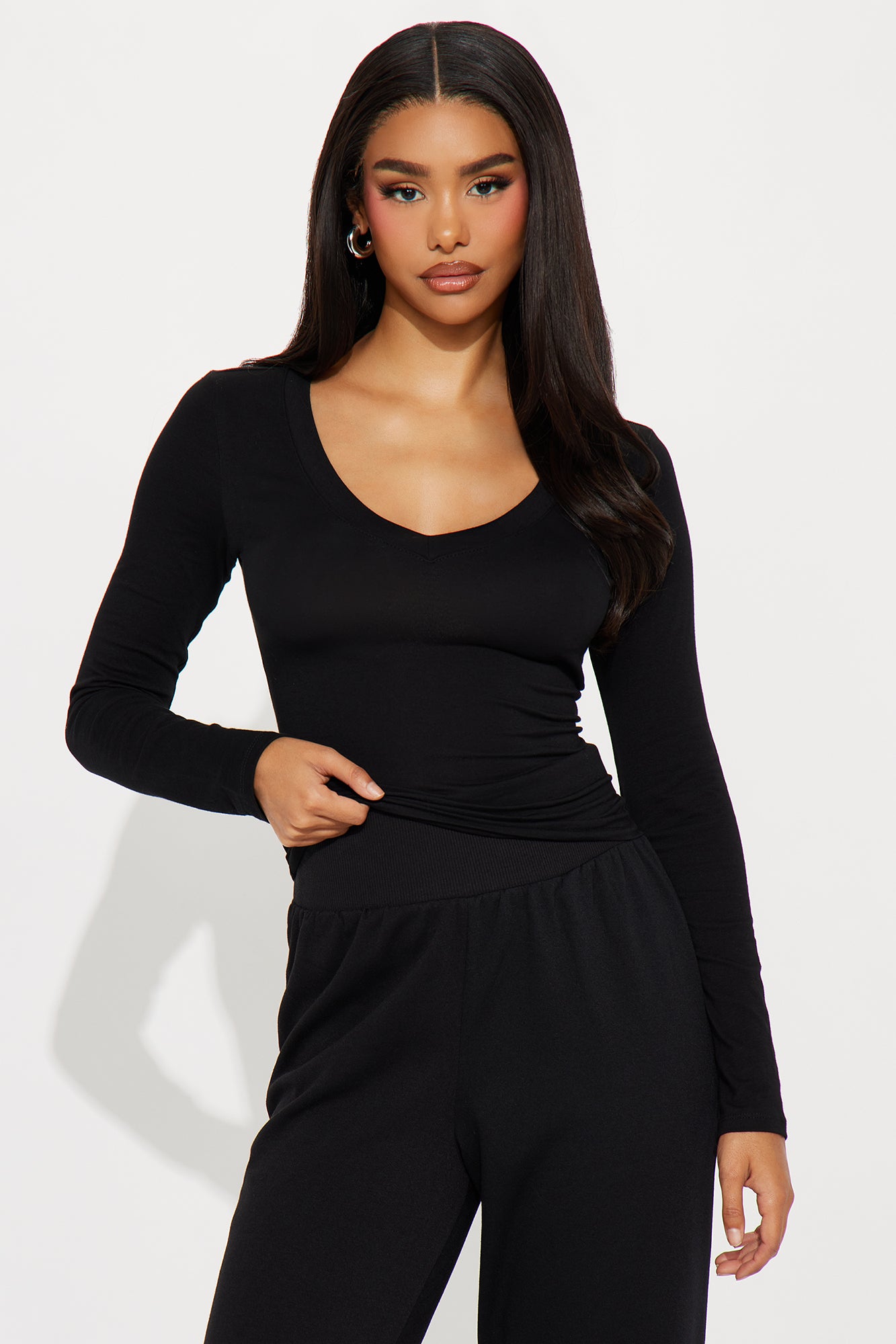 Jasmine V Neck Everyday Long Sleeve Top - Black