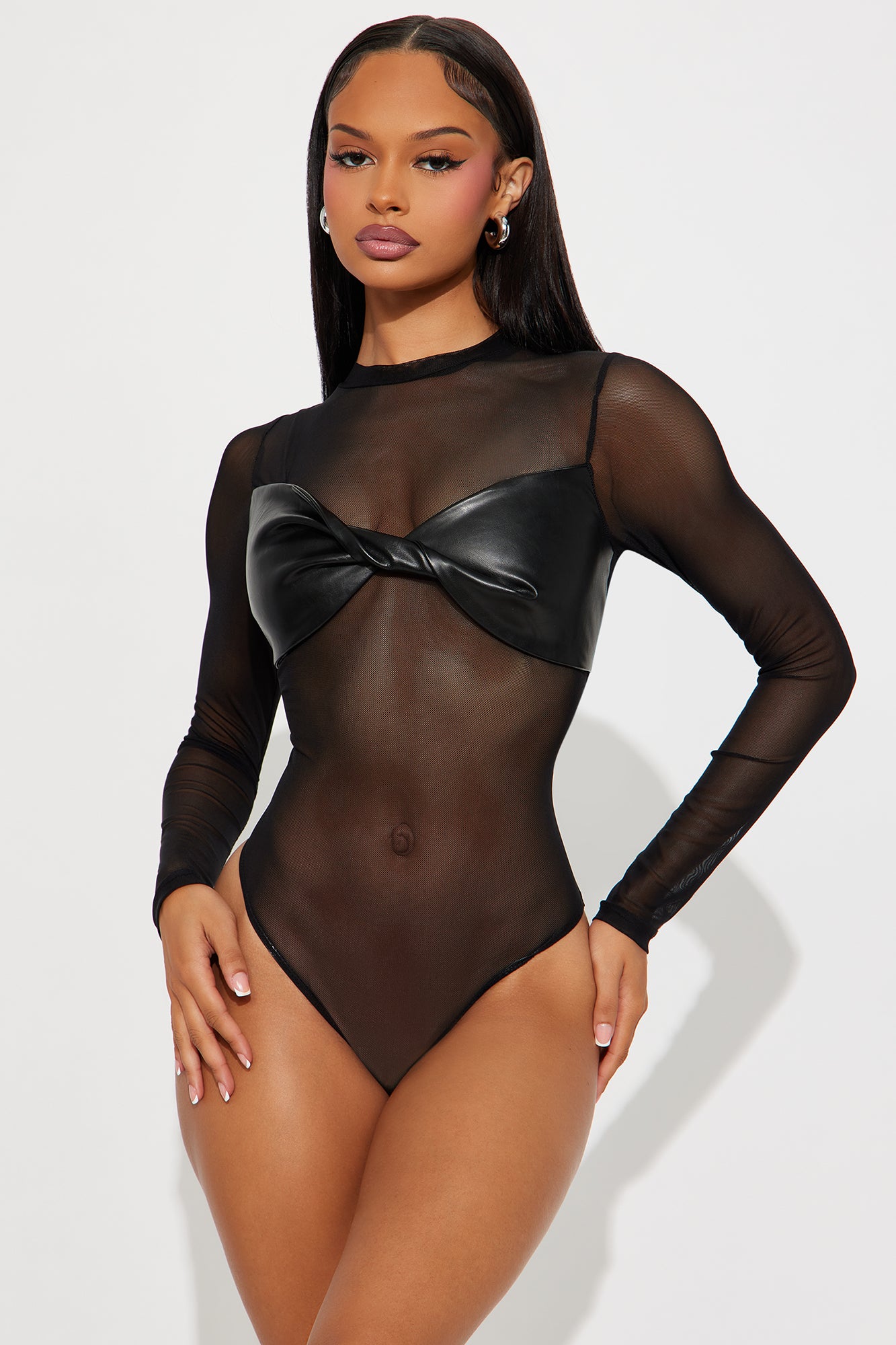 Best Of Luck Long Sleeve Twist Mesh Bodysuit - Black