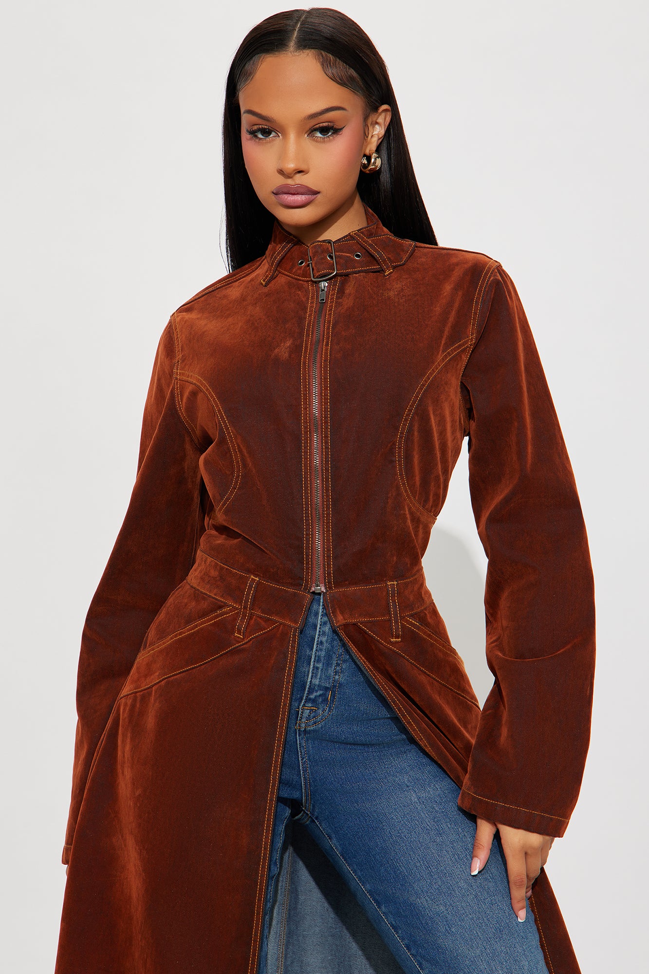 Take A Chance Flocked Denim Trench - Brown