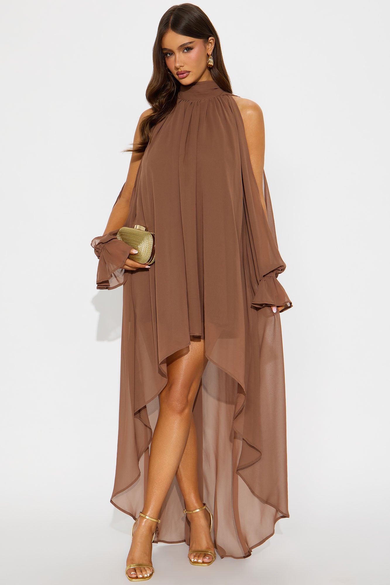 Aryal Long Sleeve Chiffon Maxi Dress - Brown