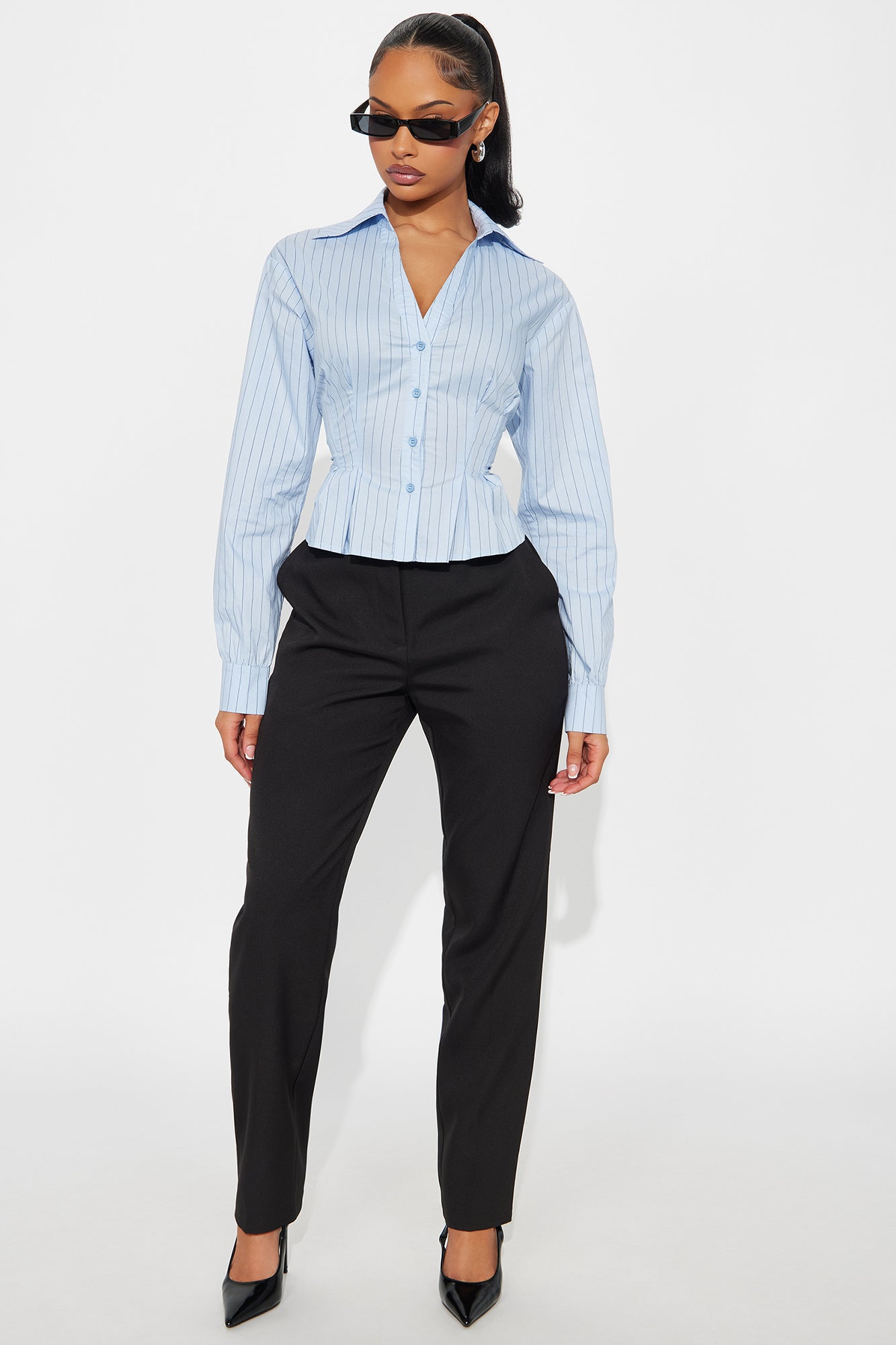 Stripe Me Pleated Poplin Button Up Shirt - Blue/combo