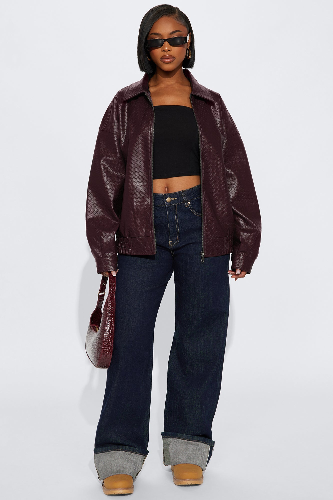 Lea Woven Faux Leather Bomber Jacket - Burgundy