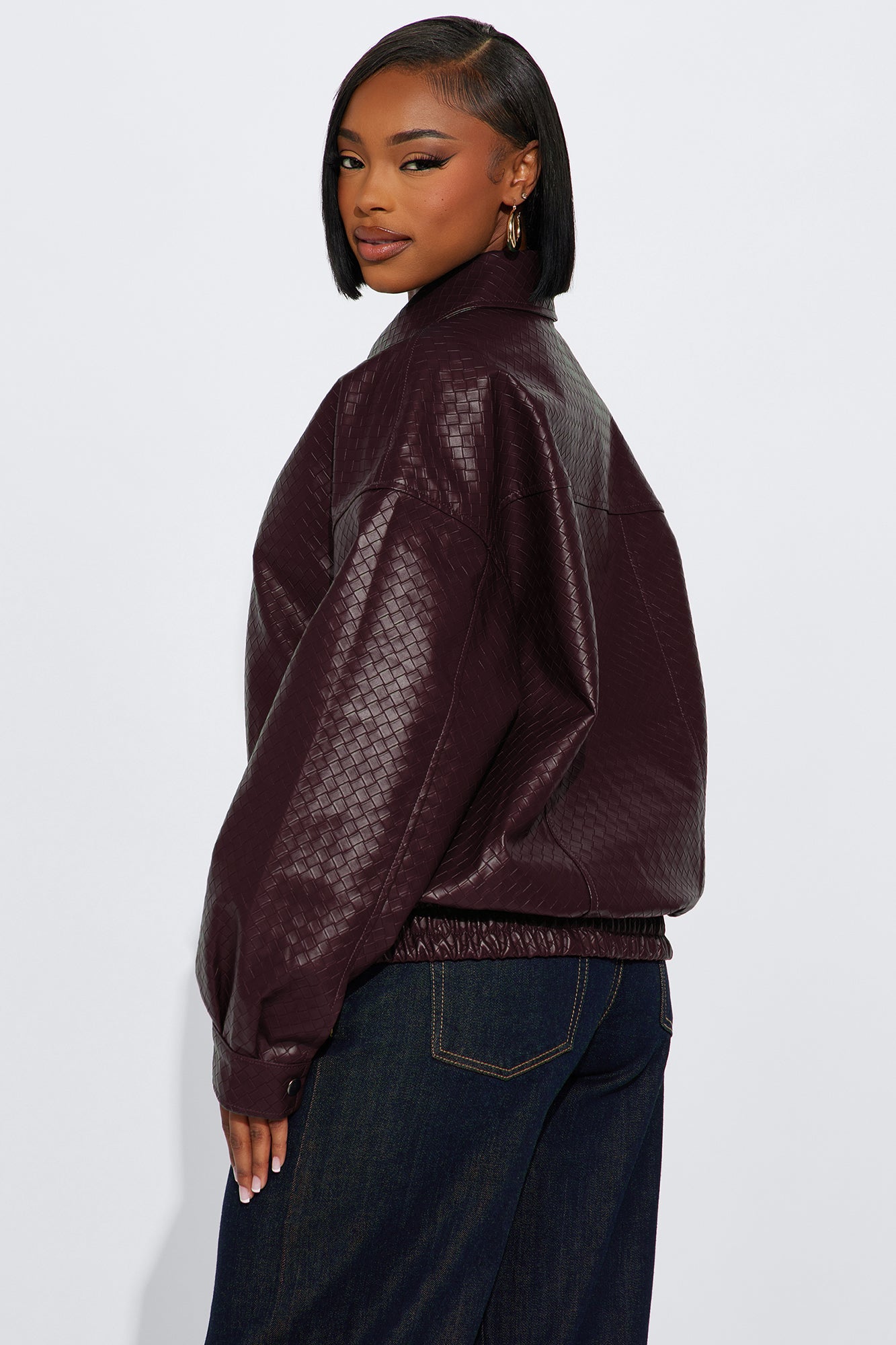 Lea Woven Faux Leather Bomber Jacket - Burgundy
