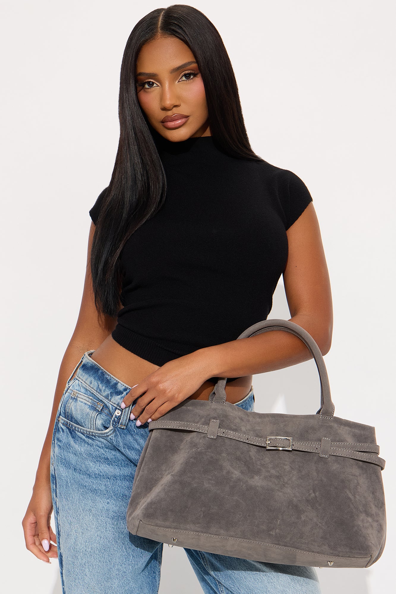 Consider This Faux Suede Shoulder Bag - Grey