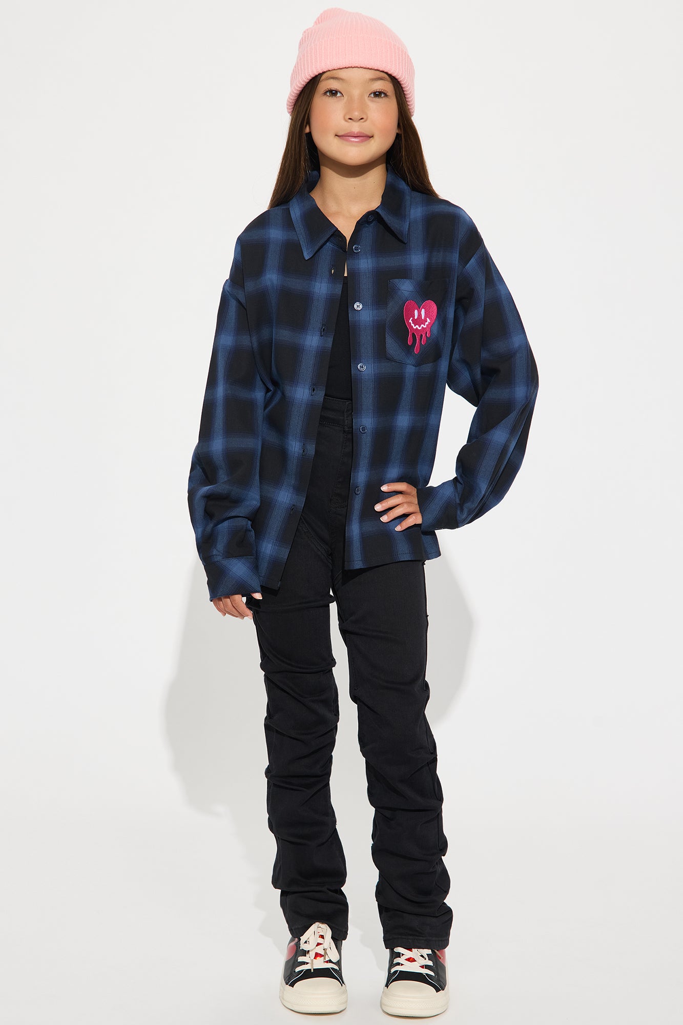 Mini Love Ya Graphic Button Down Plaid Shirt - Blue/combo