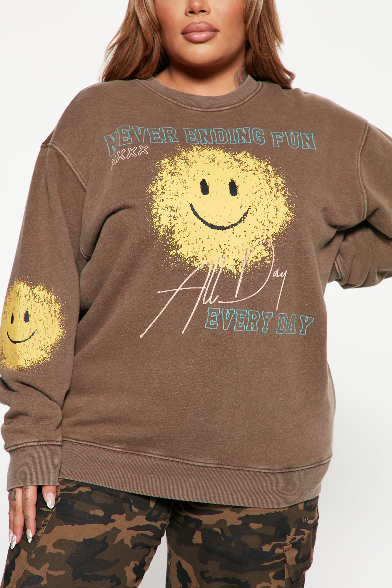 Smiley Face Washed Sweatshirt - Brown Combo