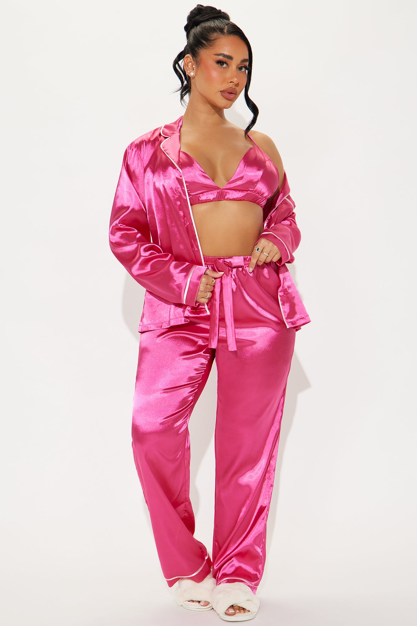 Sleeping In Late Satin 3 Piece PJ Pant Set - Hot Pink