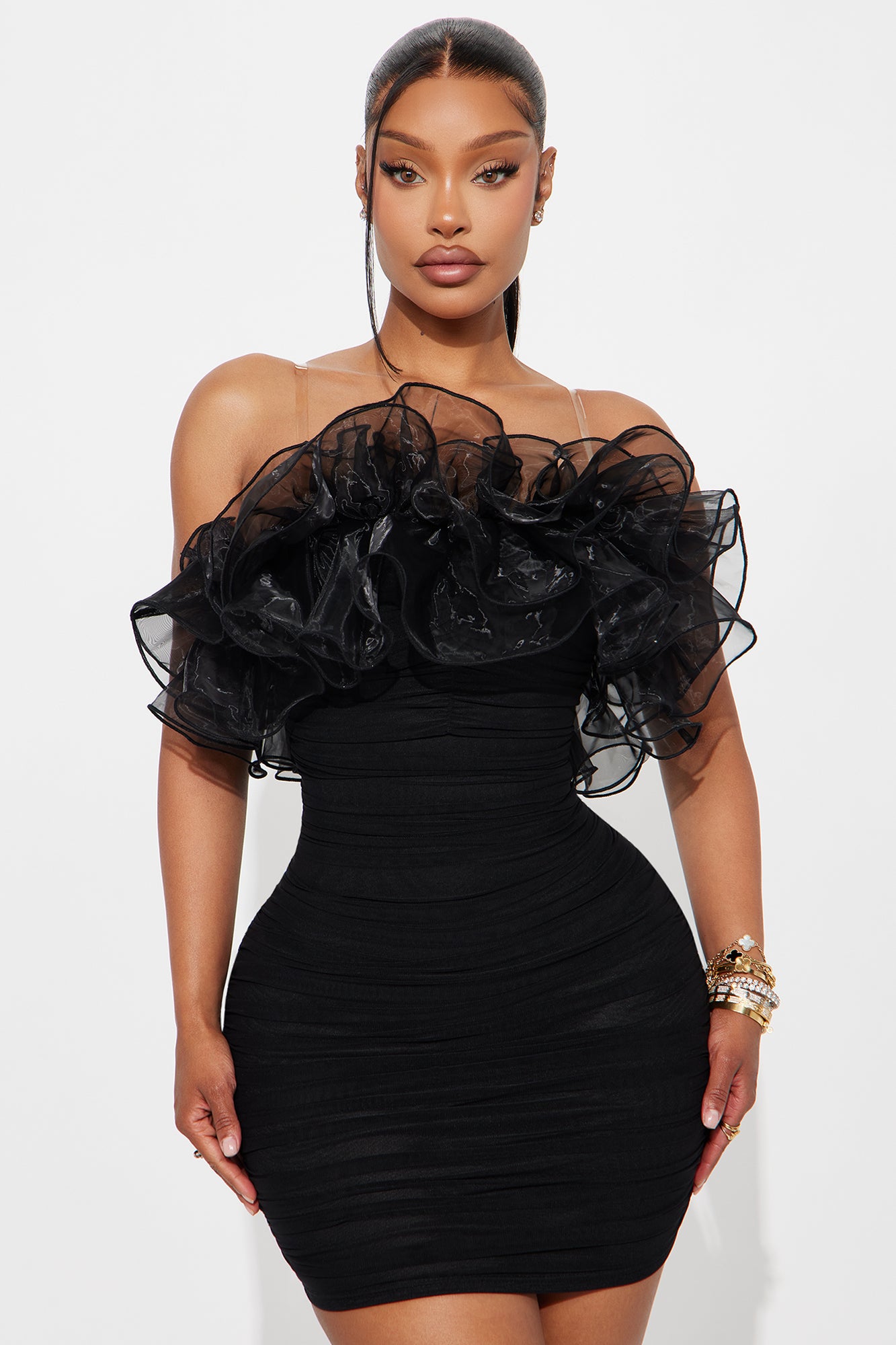 Ruffle Mami Mesh Mini Dress - Black