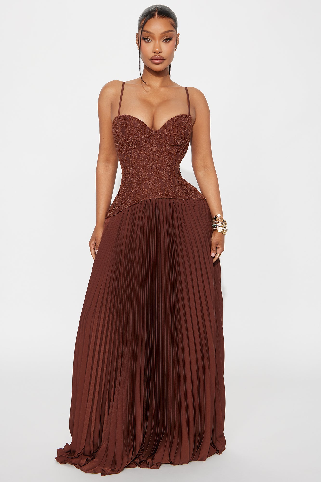 Daniella Lace Corset Pleated Maxi Dress - Chocolate