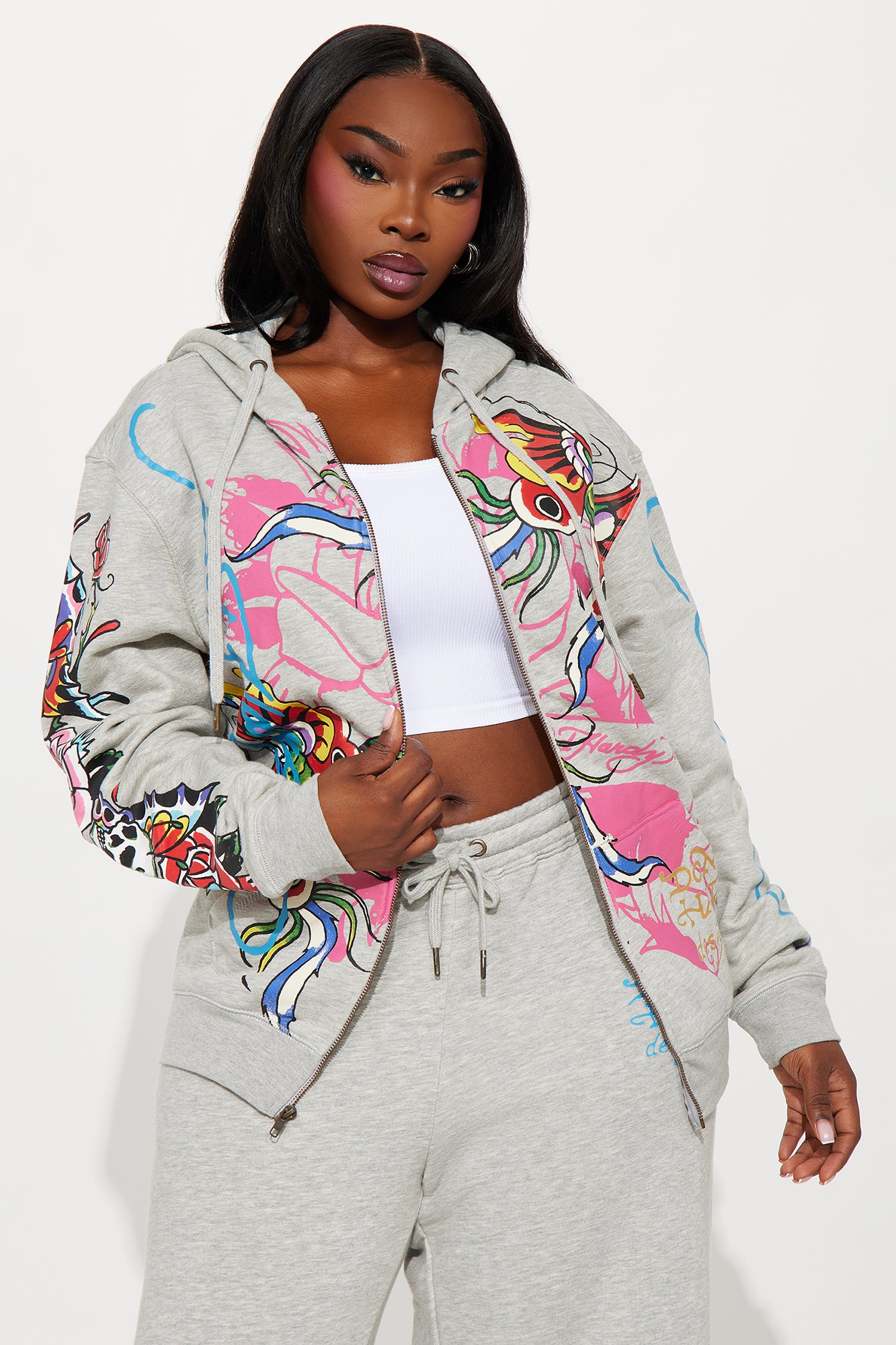 Ed Hardy Butterflies Zip Up Oversized Hoodie - Heather Grey