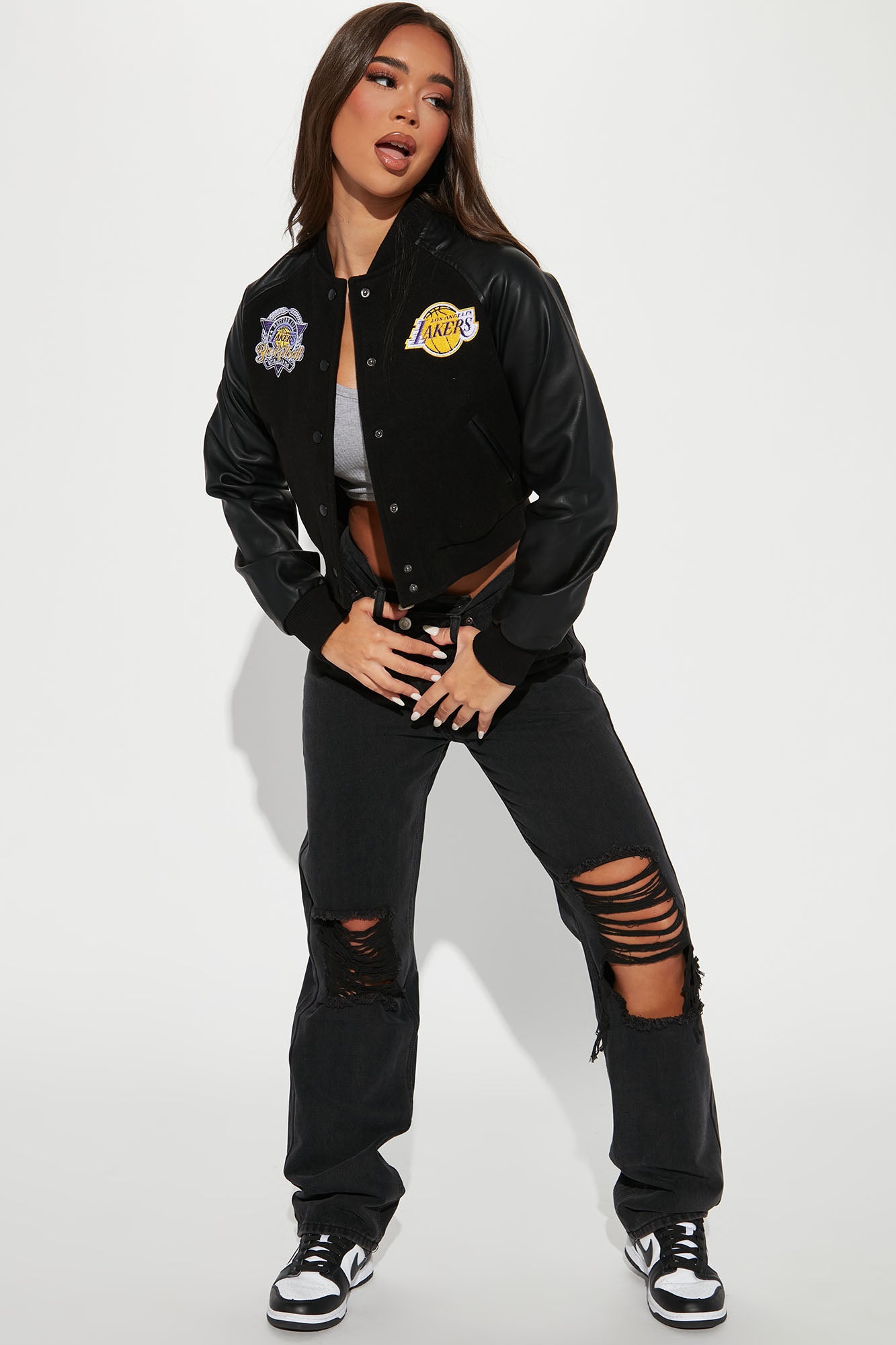 Lakers Cropped Letterman Jacket - Black