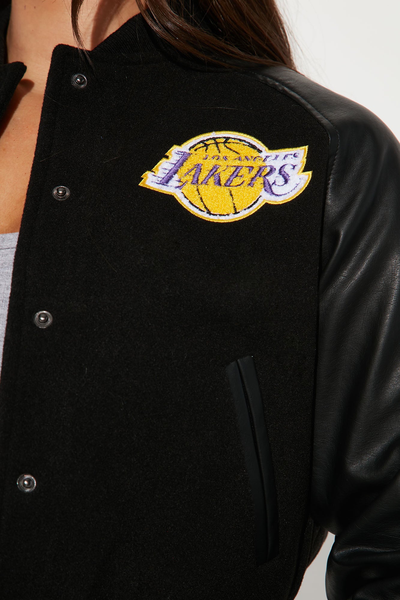 Lakers Cropped Letterman Jacket - Black