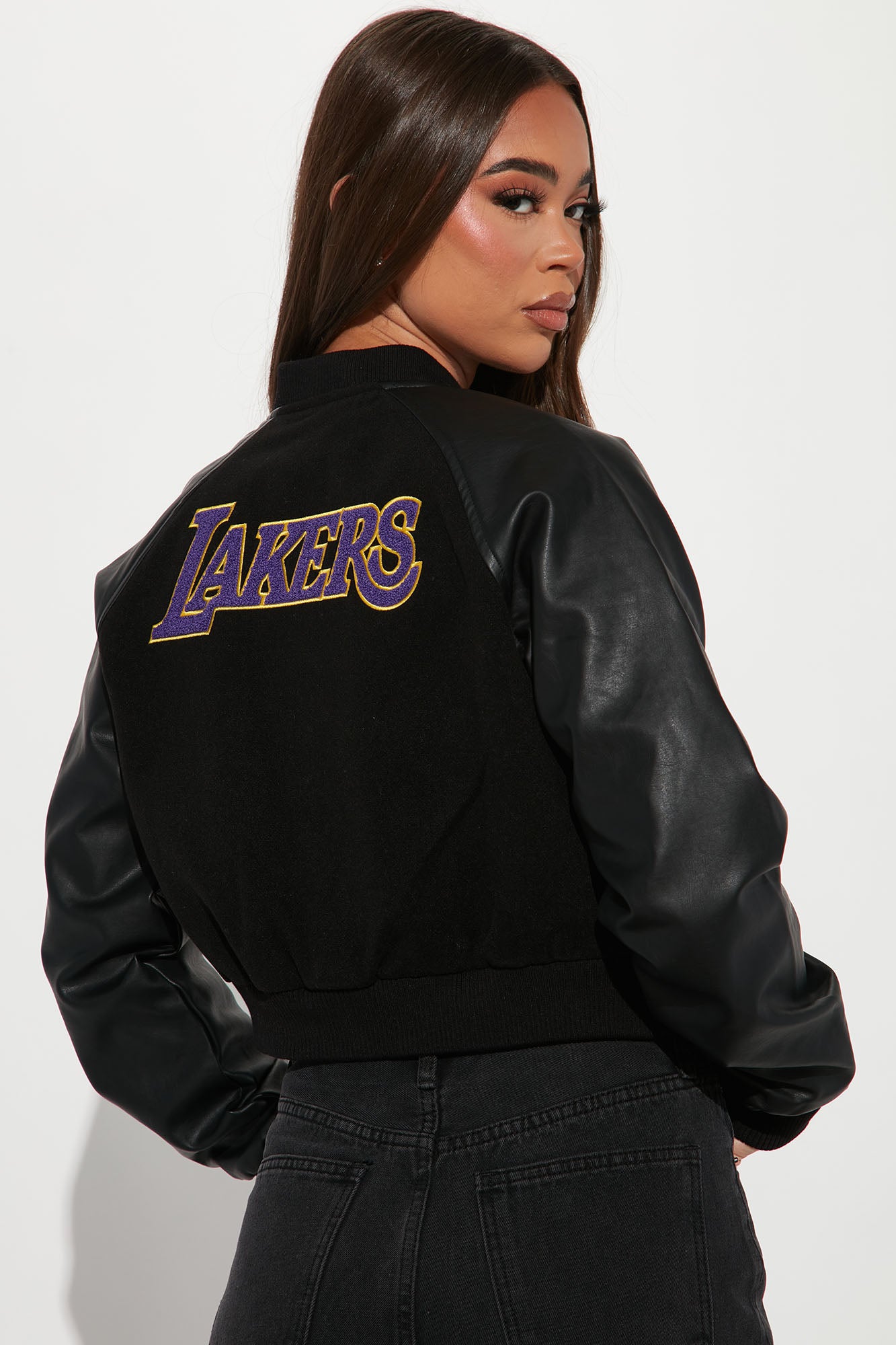 Lakers Cropped Letterman Jacket - Black
